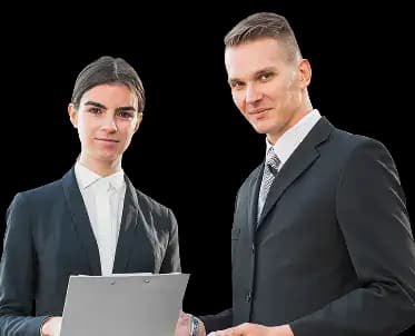 Two business professionals in formal attire smiling together, one holding a phone and the other holding a folder, representing secure and compliant BOI reporting.