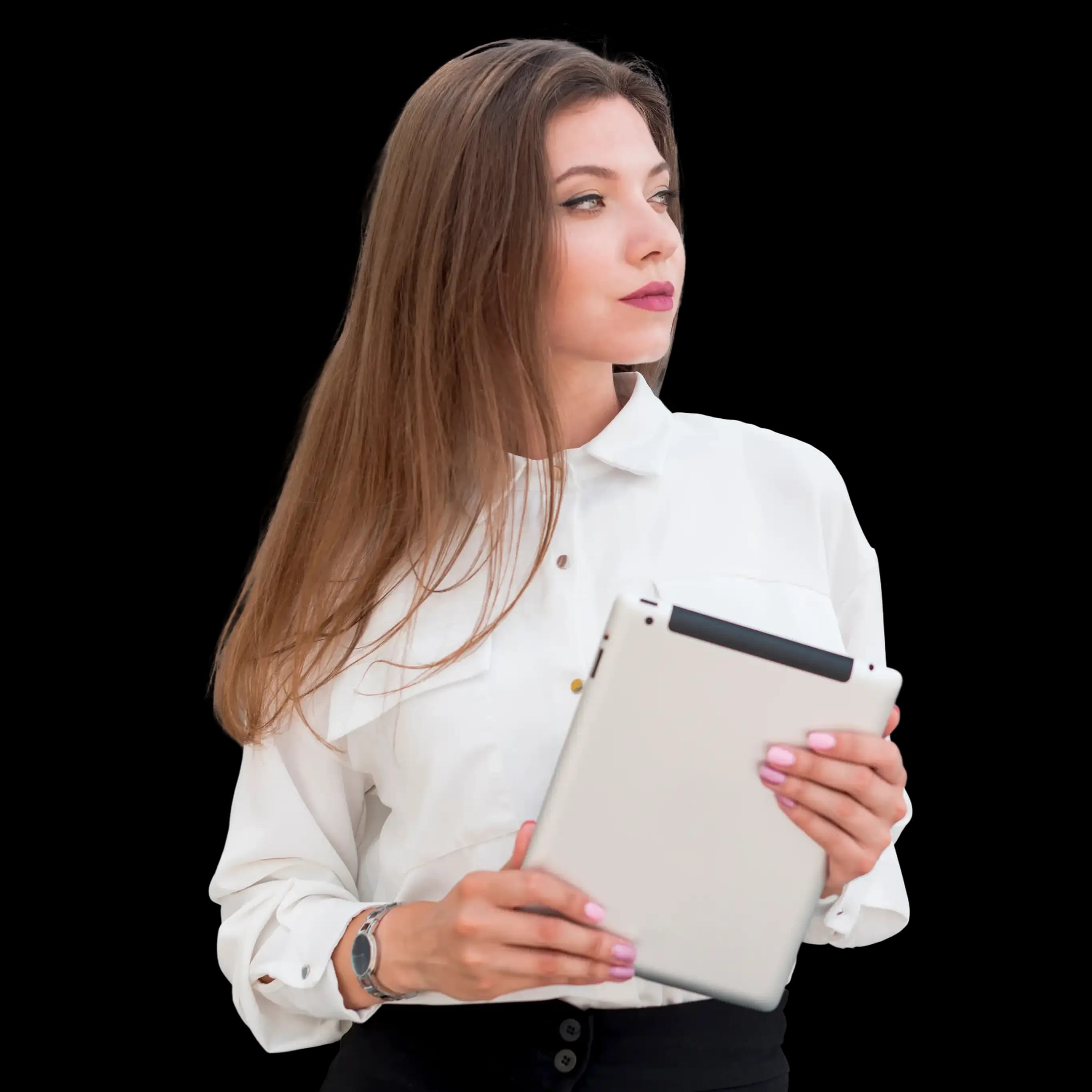 Business professional in formal attire holding a tablet and looking ahead, representing confidence and readiness for EIN registration.