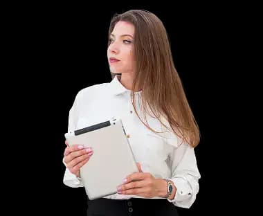 Business professional in formal attire holding a tablet and looking ahead, representing confidence and readiness for EIN registration.