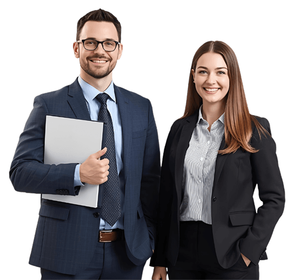 Two business professionals in formal attire standing side by side and smiling, one holding a folder to their chest, representing confidence and professionalism in business formation.