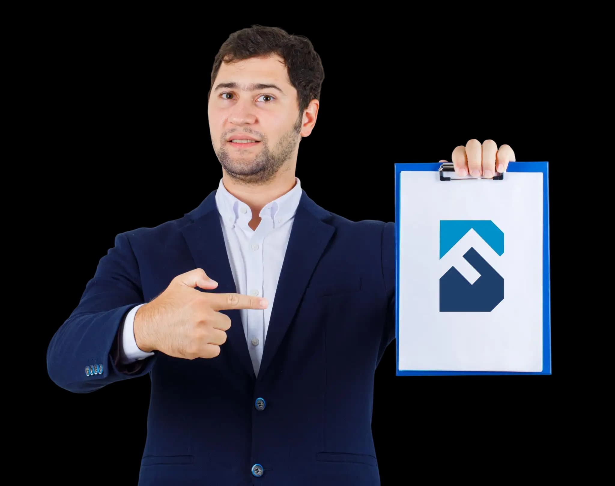 A business professional in formal attire holding a clipboard with the File Business logo, confidently pointing to it, representing expert assistance in obtaining your business license.