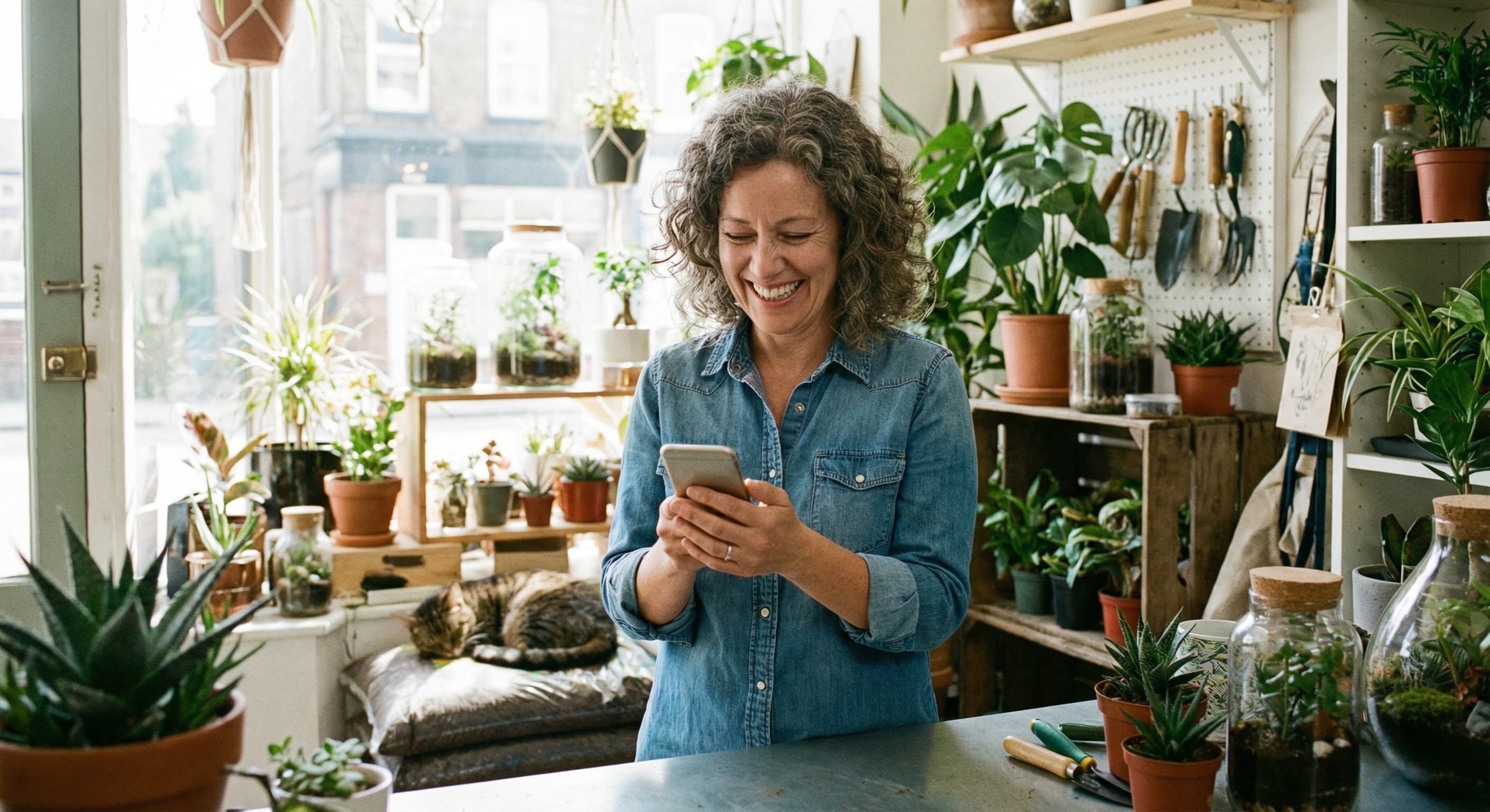 Small business owner in a plant shop viewing registered agent compliance alerts on her smartphone.