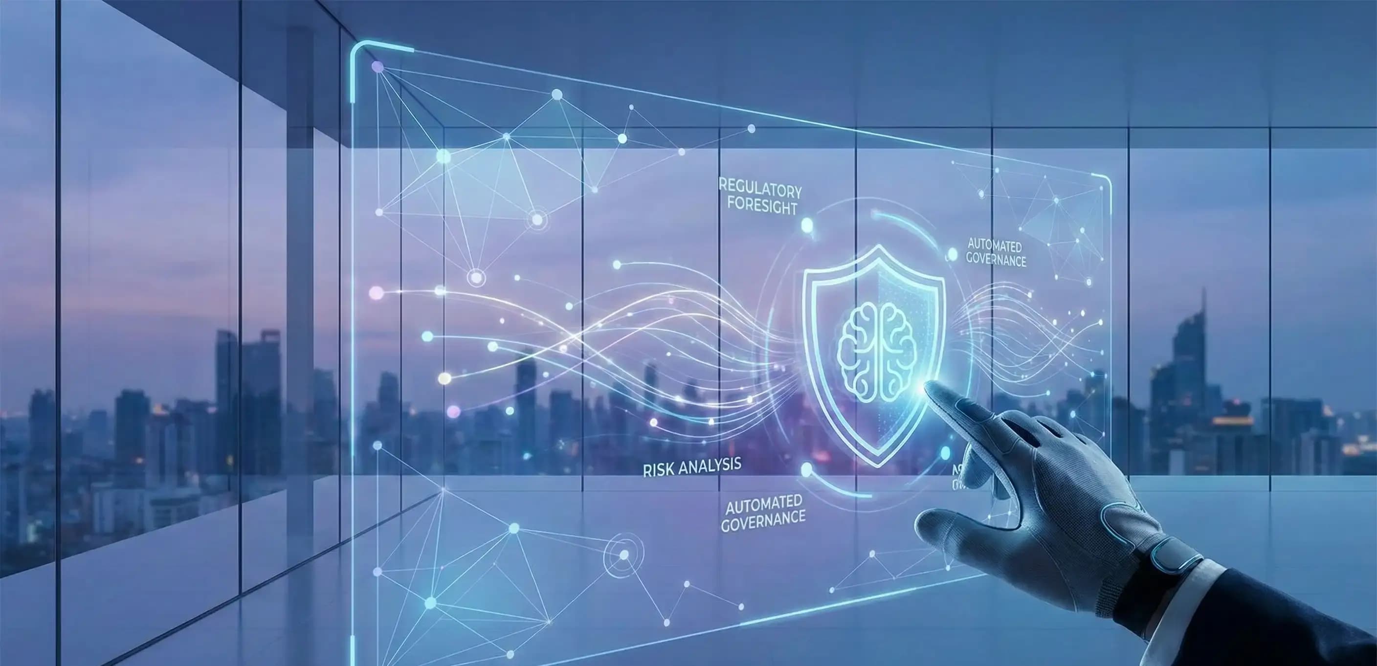 Digital shield with a brain symbol representing AI-driven risk analysis and automated governance for corporate compliance.