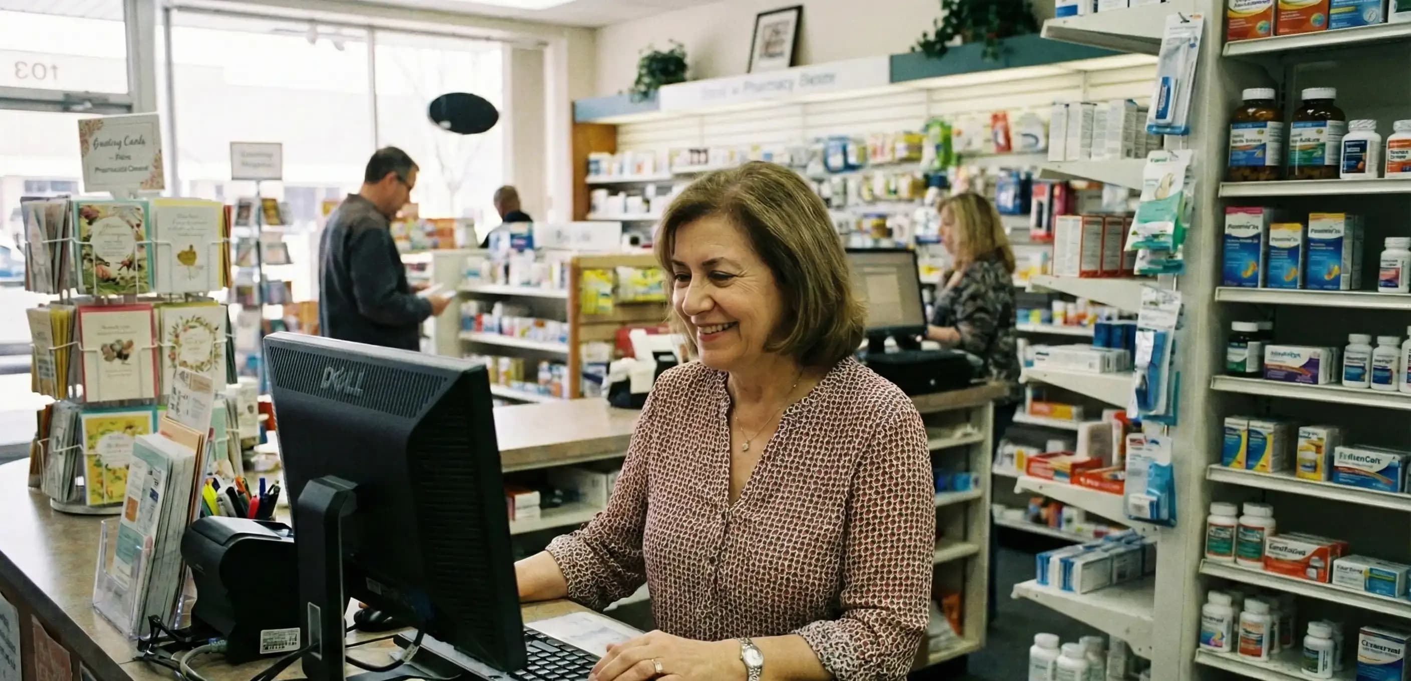 Pharmacy owner smiling while reviewing positive notifications from a compliance AI dashboard regarding regulatory status.