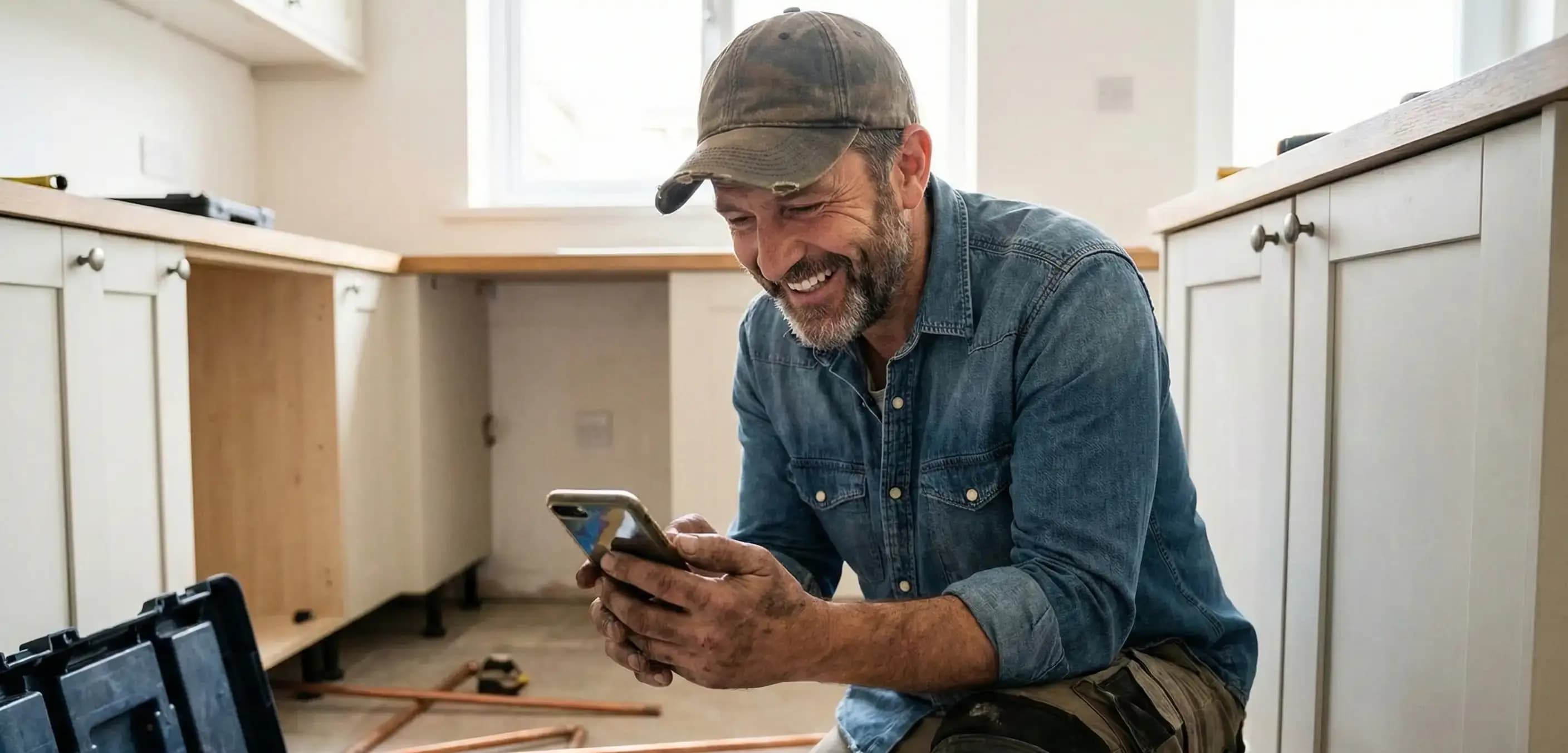 Plumber on a job site using a smartphone to receive automated regulatory updates via compliance AI software.