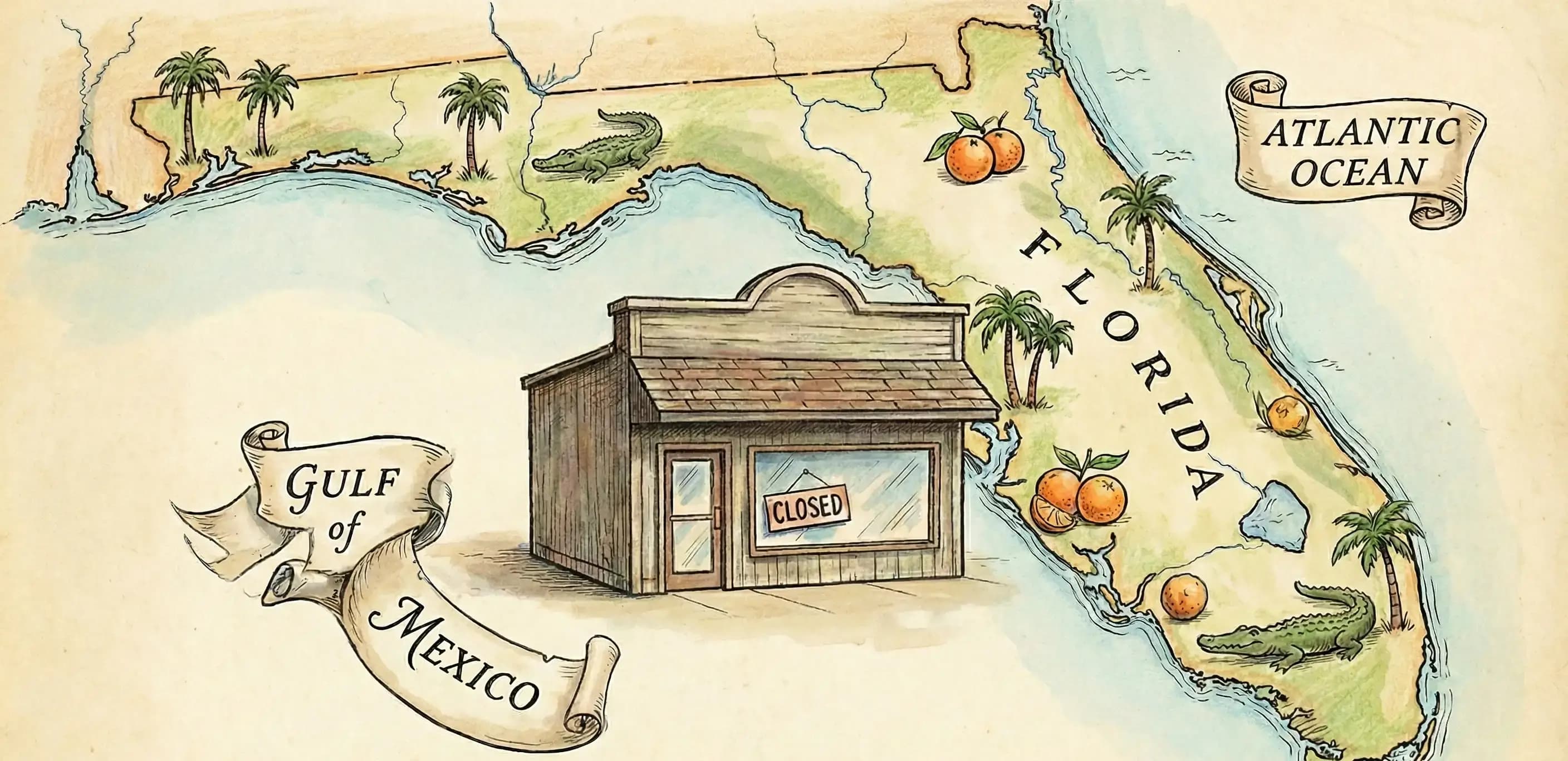 Illustration of a vintage Florida map with a closed storefront, visualizing the process to dissolve an LLC in Florida.