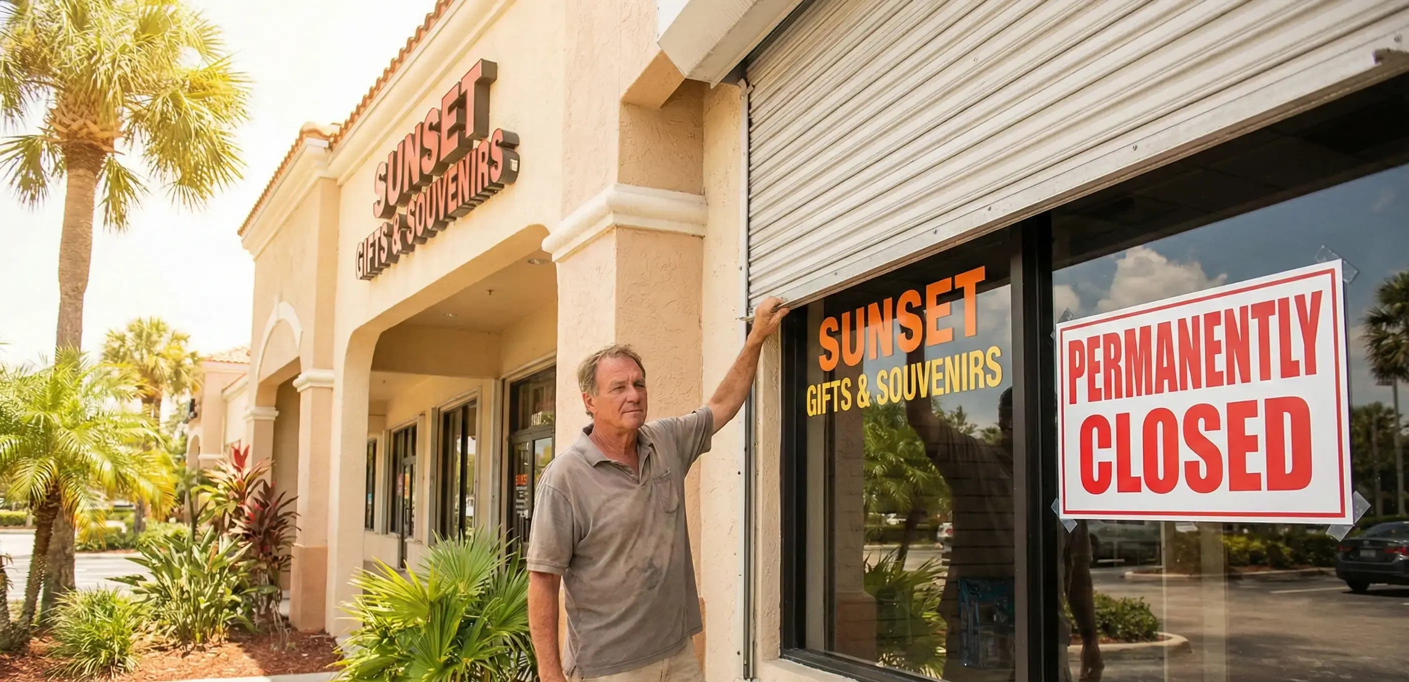 Storefront with a permanently closed sign as a business owner prepares to legally dissolve an LLC in Florida.