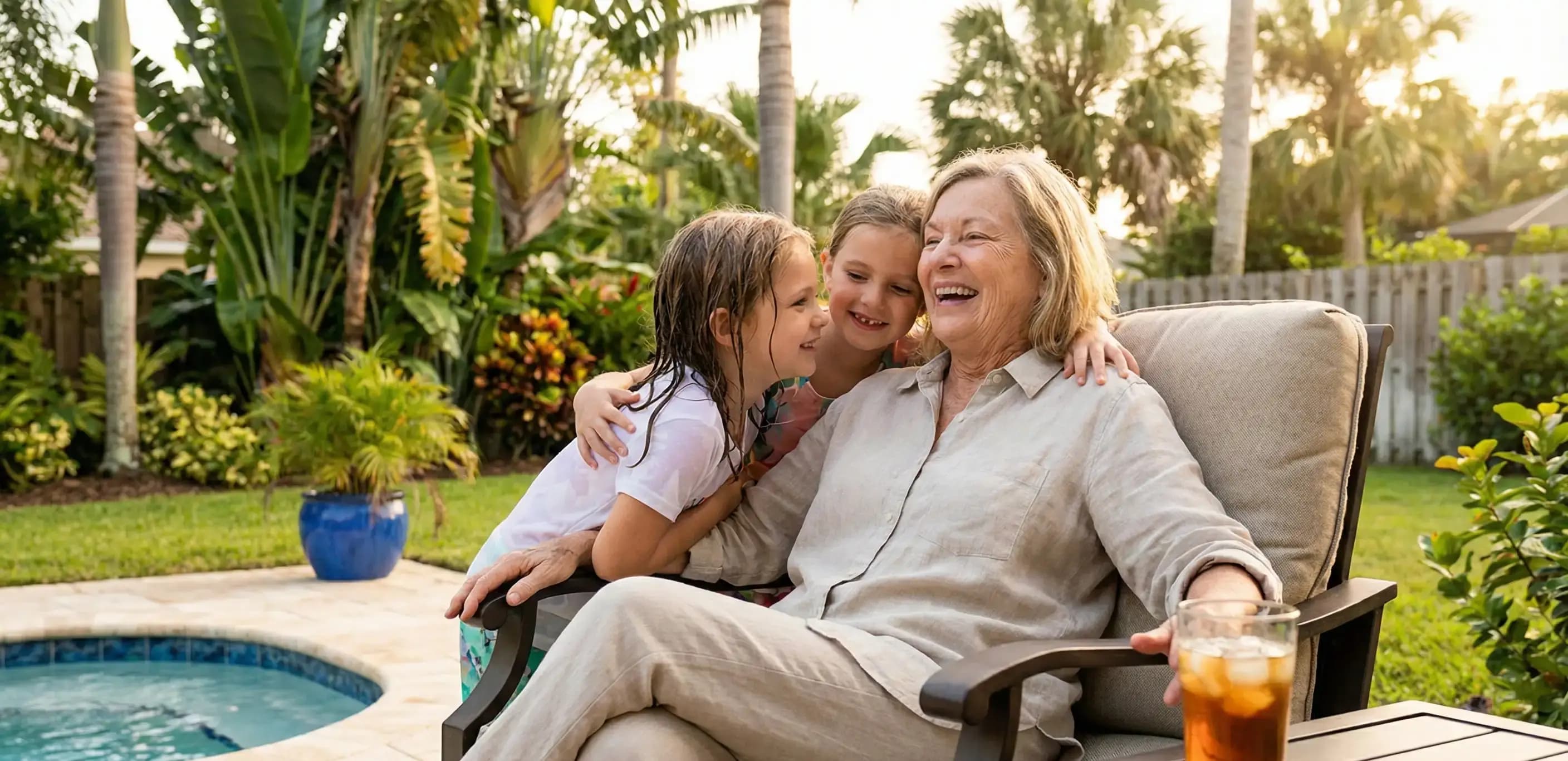Smiling woman being hugged by grandchildren in a tropical backyard, illustrating the stress-free life possible after you successfully dissolve an LLC in Florida.