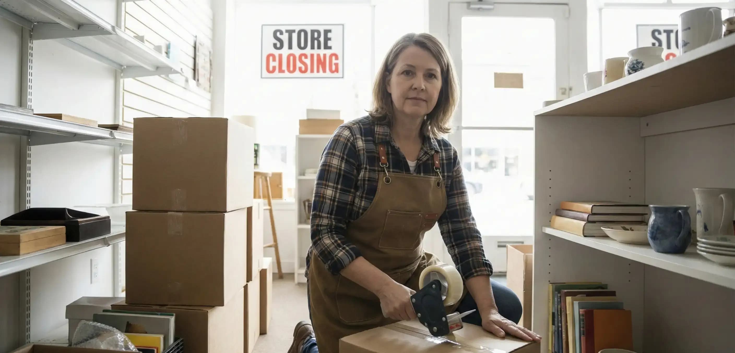 Woman packing up retail goods for permanent business closure and entity dissolution, indicated by a store closing sign in the window.