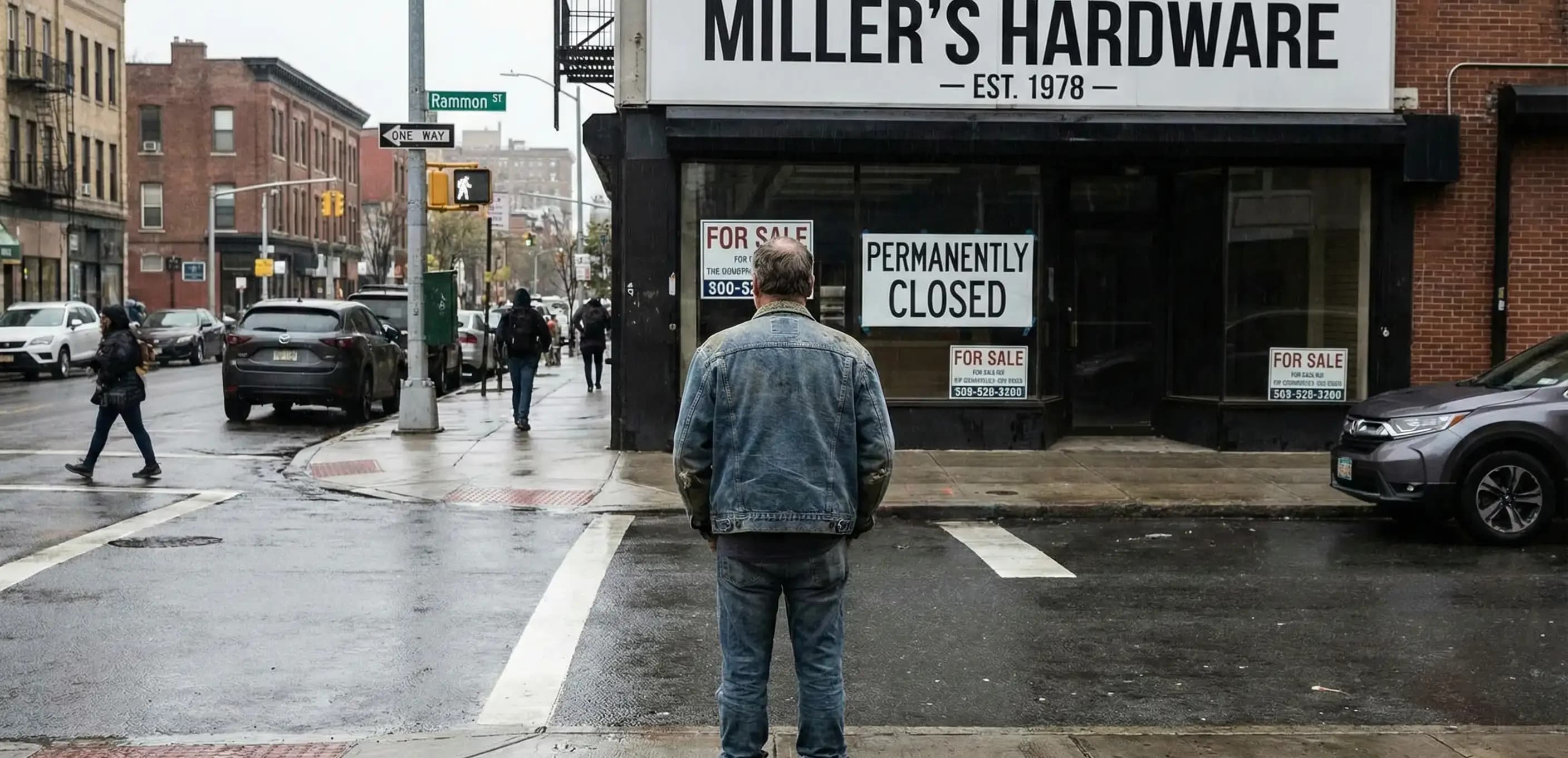 Former business owner viewing his permanently closed storefront, symbolizing the final stage of formal business dissolution.