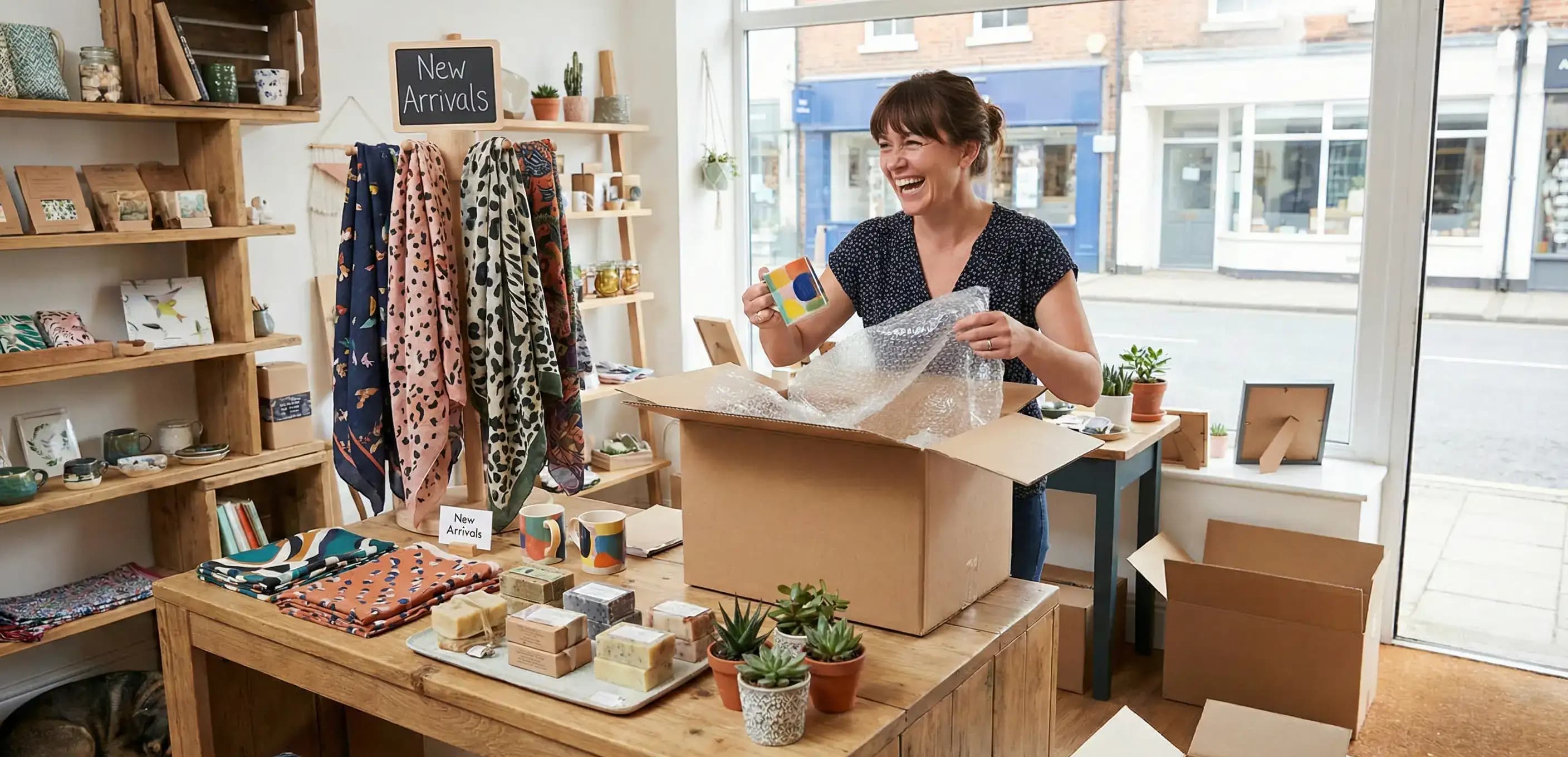 A happy boutique owner unpacking new inventory, celebrating the ability to resume operations and reinstate a Florida LLC.