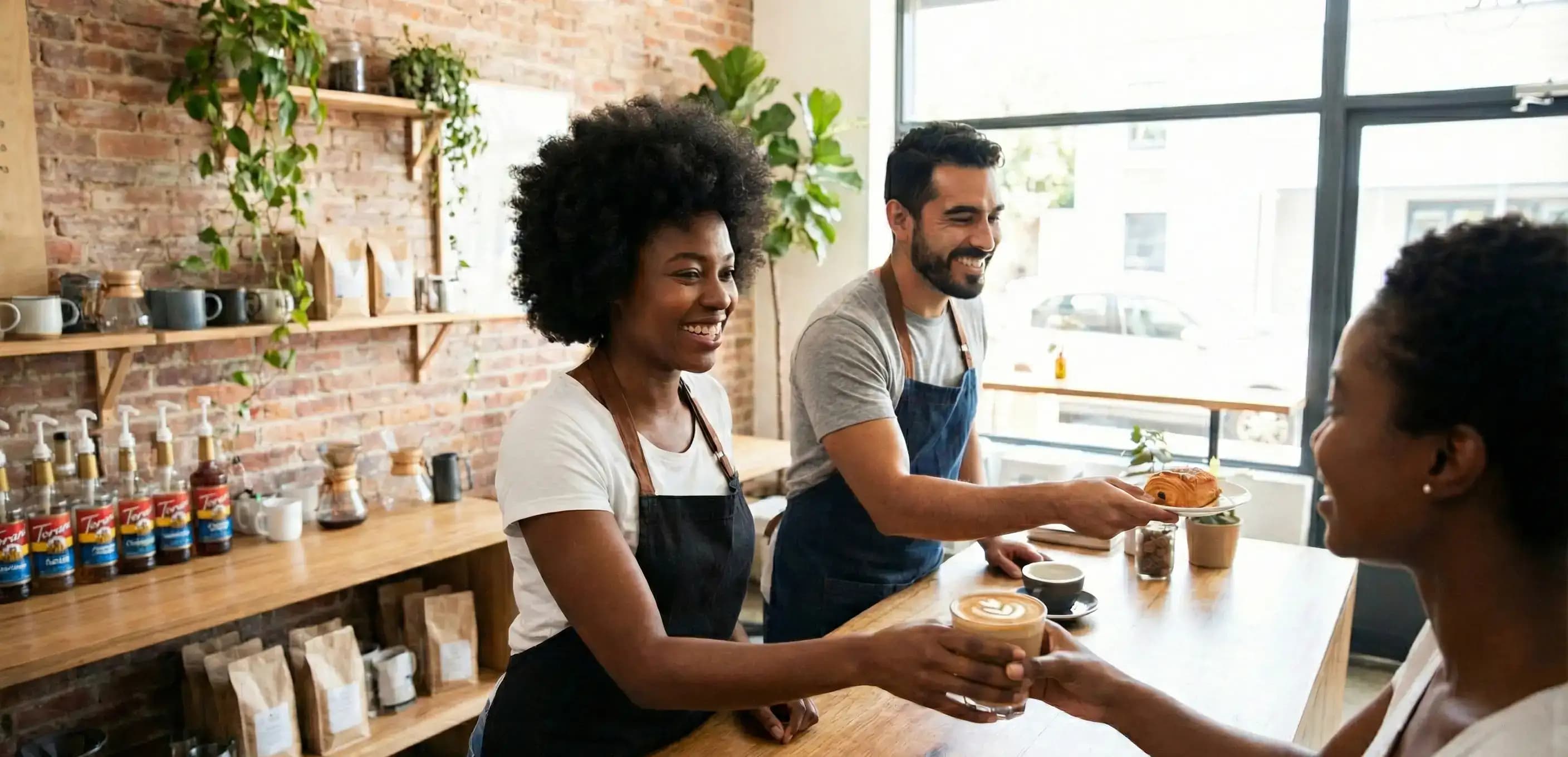 Two smiling baristas serving coffee to customers, representing the return to normal business operations after you reinstate a Florida LLC.