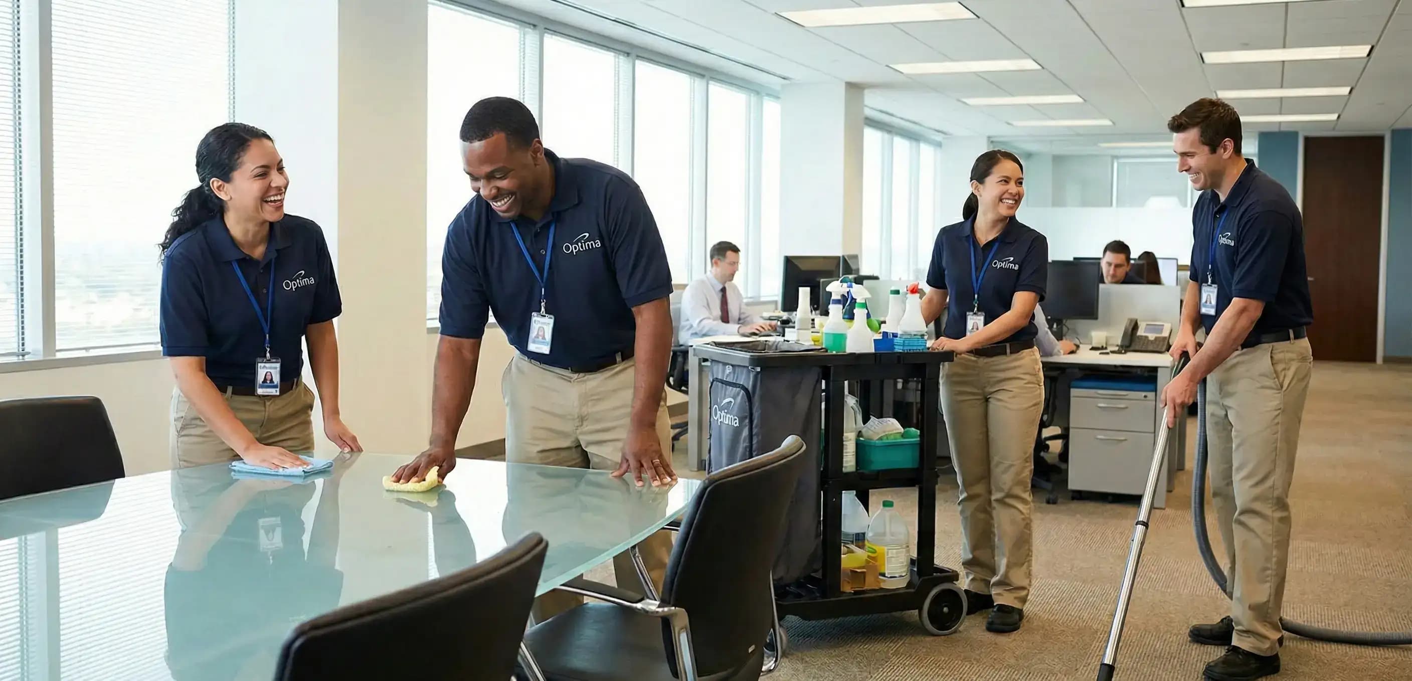 Happy cleaning company employees working on site, representing a team getting back to business once you reinstate a Florida Corporation.