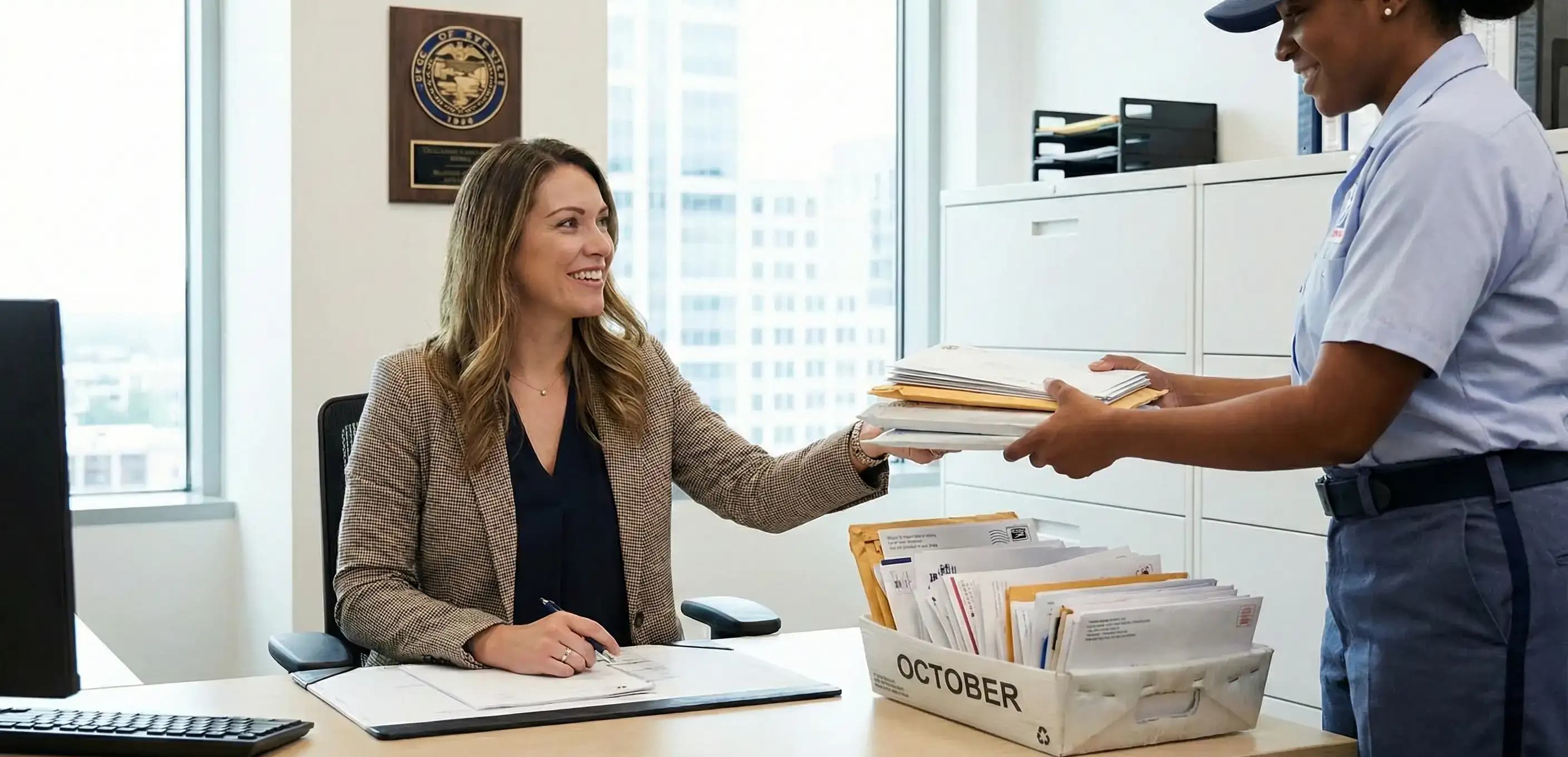 Office professional accepting official state documents, demonstrating the long-term responsibility difference between a registered agent vs organizer.
