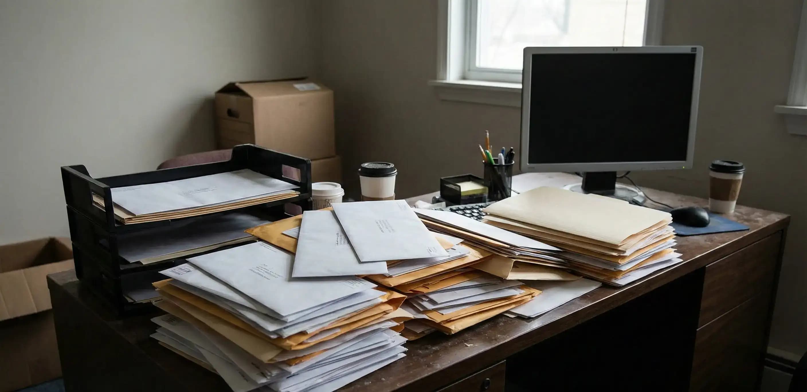 Desk overflowing with ongoing compliance mail, visualizing the long-term document handling responsibilities that distinguish a registered agent vs organizer.