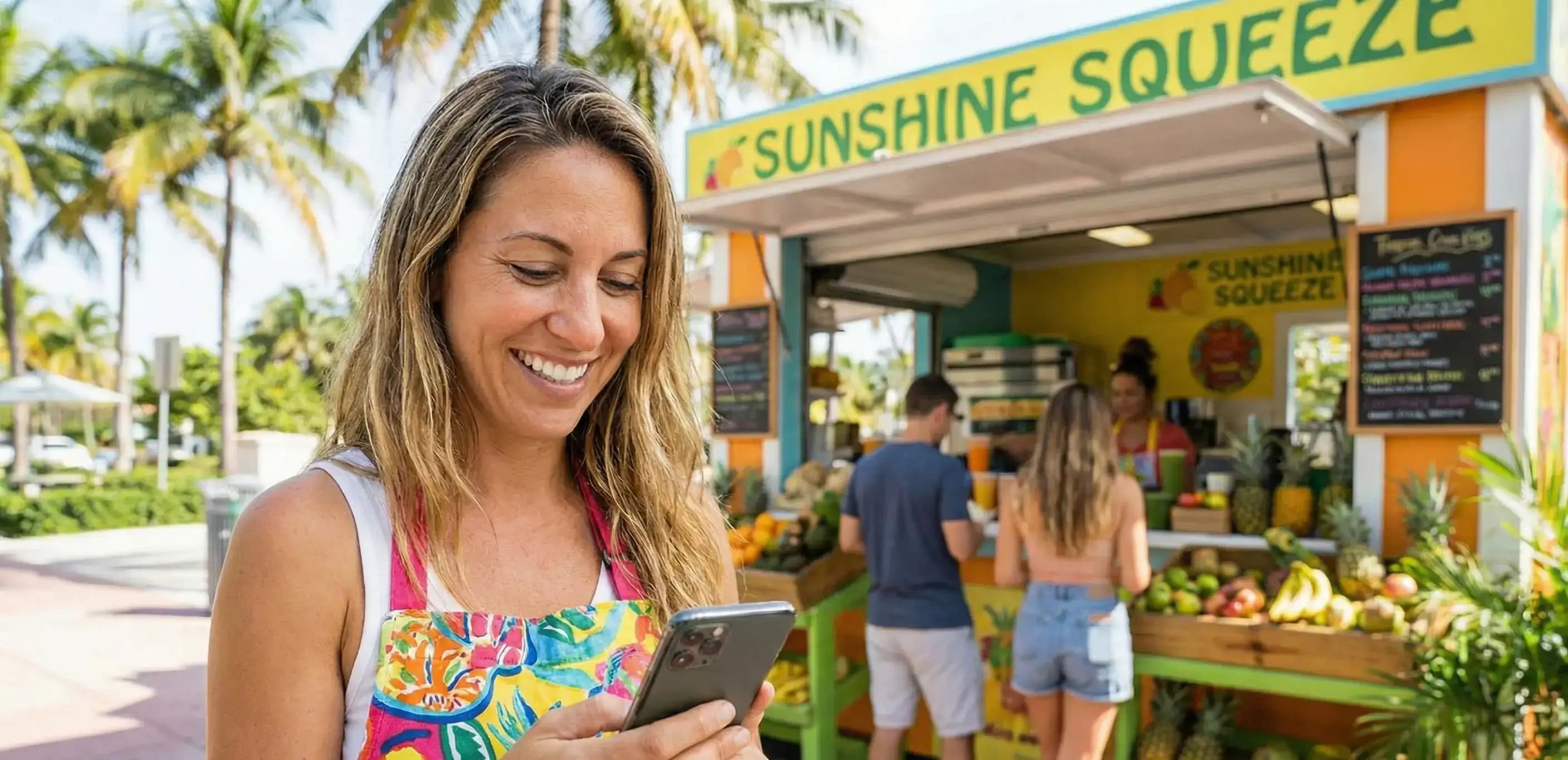 Juice bar owner smiling while using her smartphone to easily file her Florida LLC annual report online.