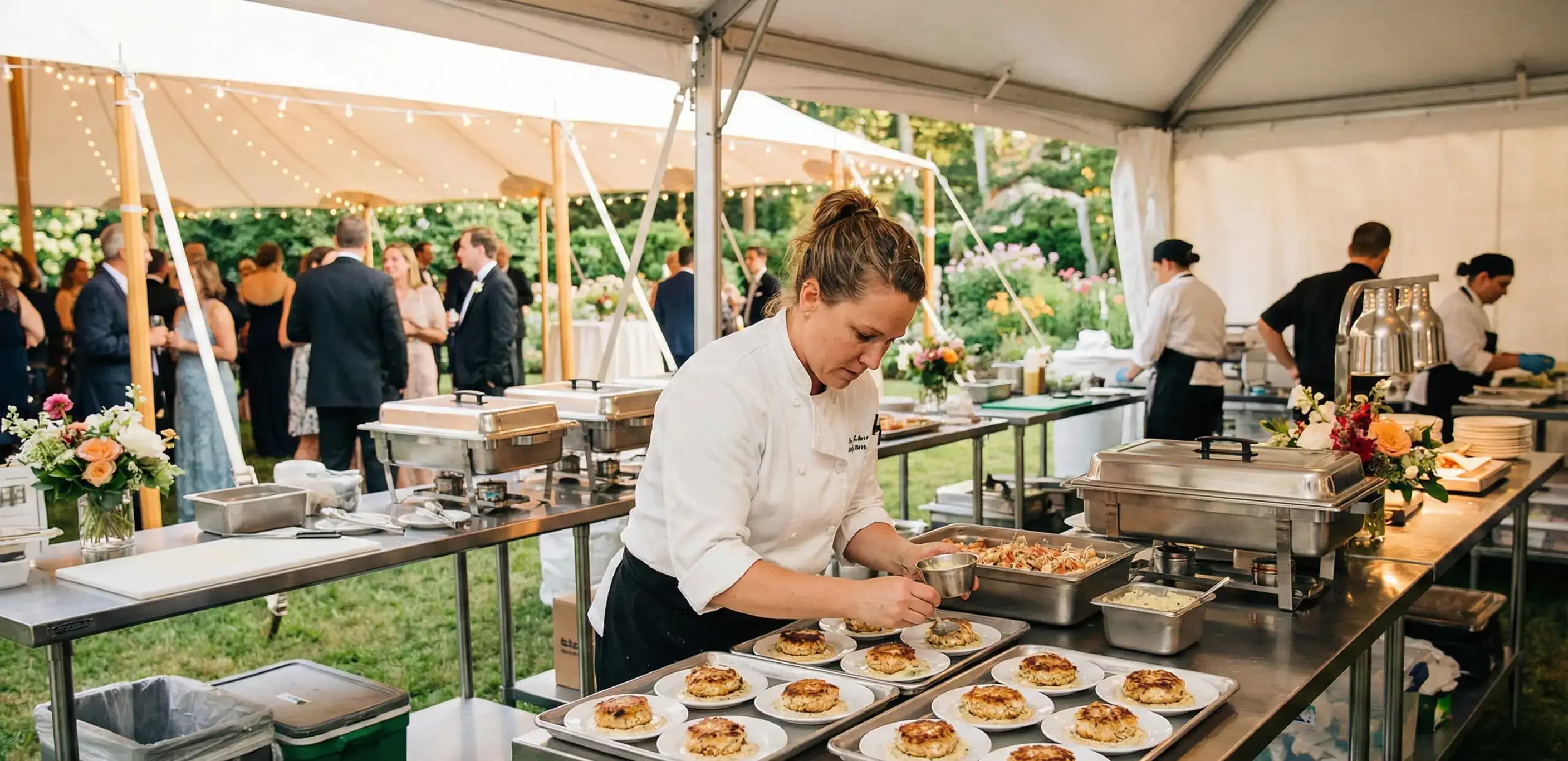 Catering chef preparing food at a wedding reception, illustrating an active business maintained by successfully filing a Florida LLC annual report.