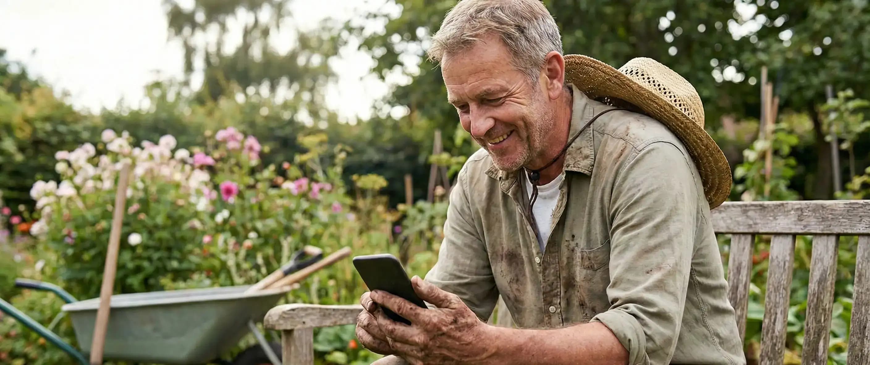 Landscaper taking a quick break on a bench to easily file his Florida LLC annual report on his smartphone.