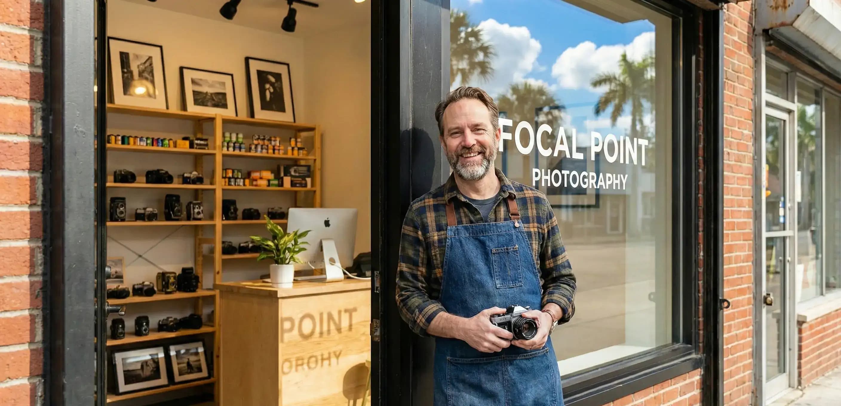 Proud photographer standing outside his new studio, illustrating the successful start of a business when you form an LLC in Florida.