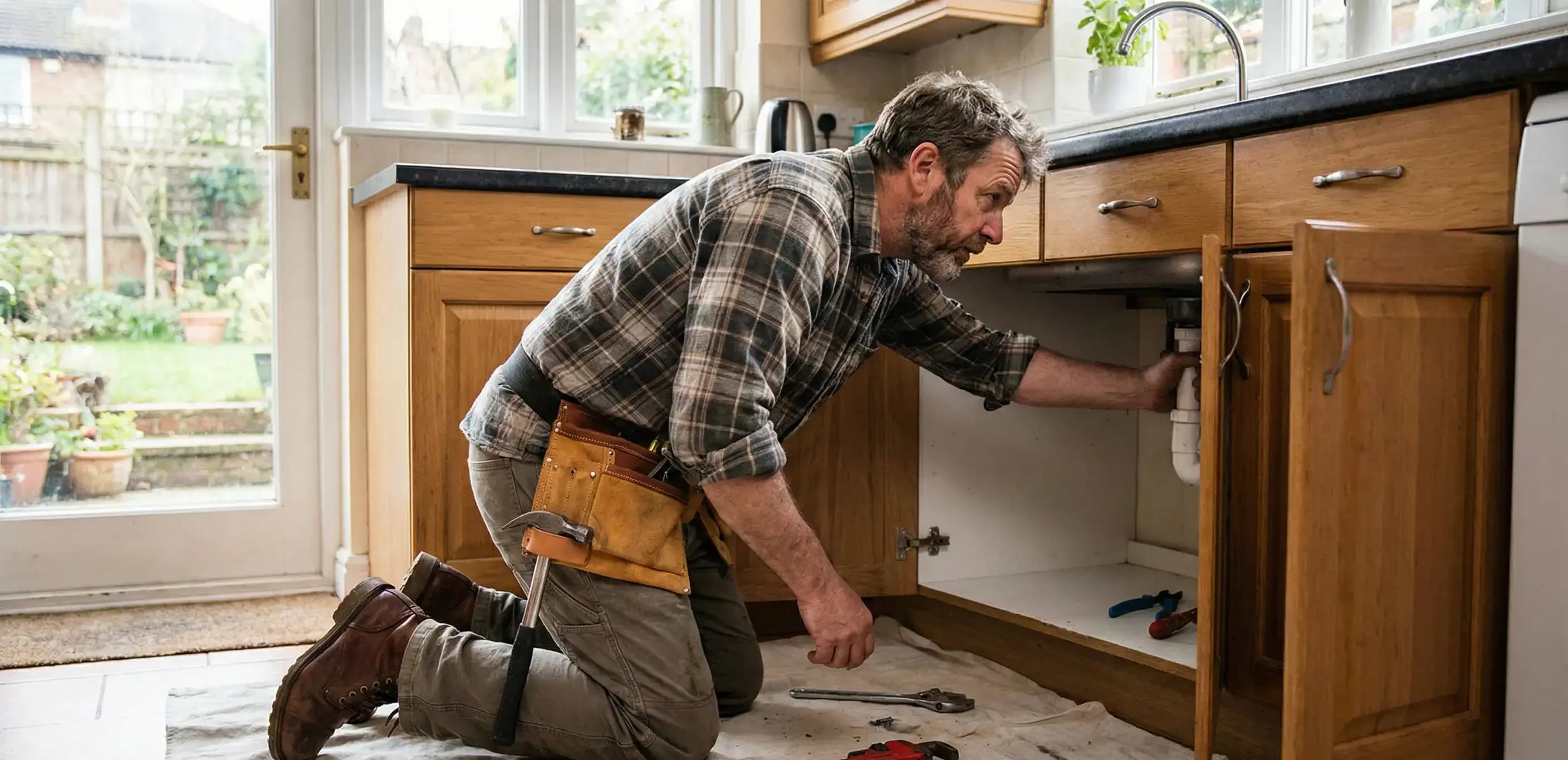 Handyman fixing kitchen plumbing, illustrating a trade professional who needs to form an LLC in Florida for personal liability protection.