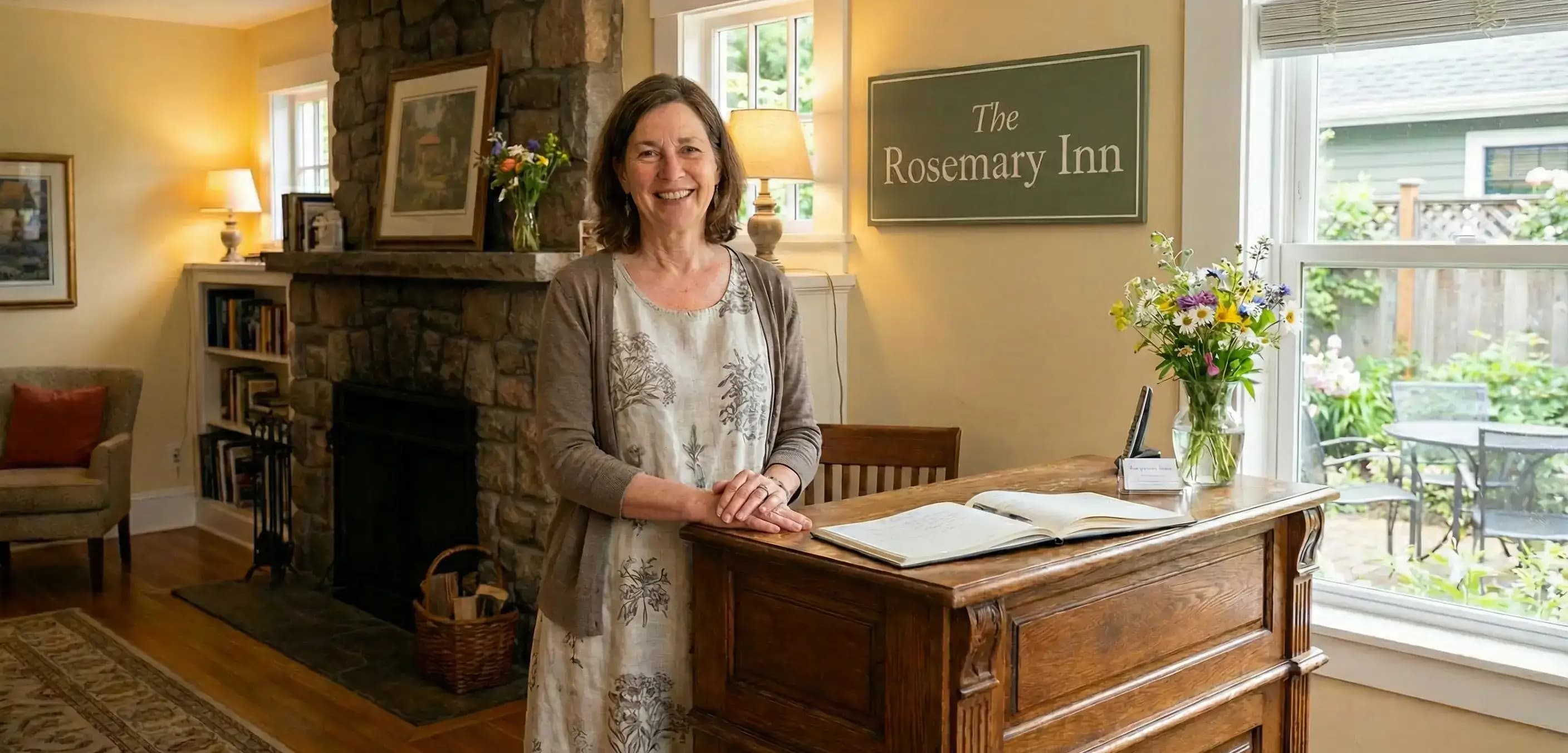 Bed and breakfast owner welcoming guests at her inn, illustrating the need to form an LLC in Florida to protect personal real estate assets.