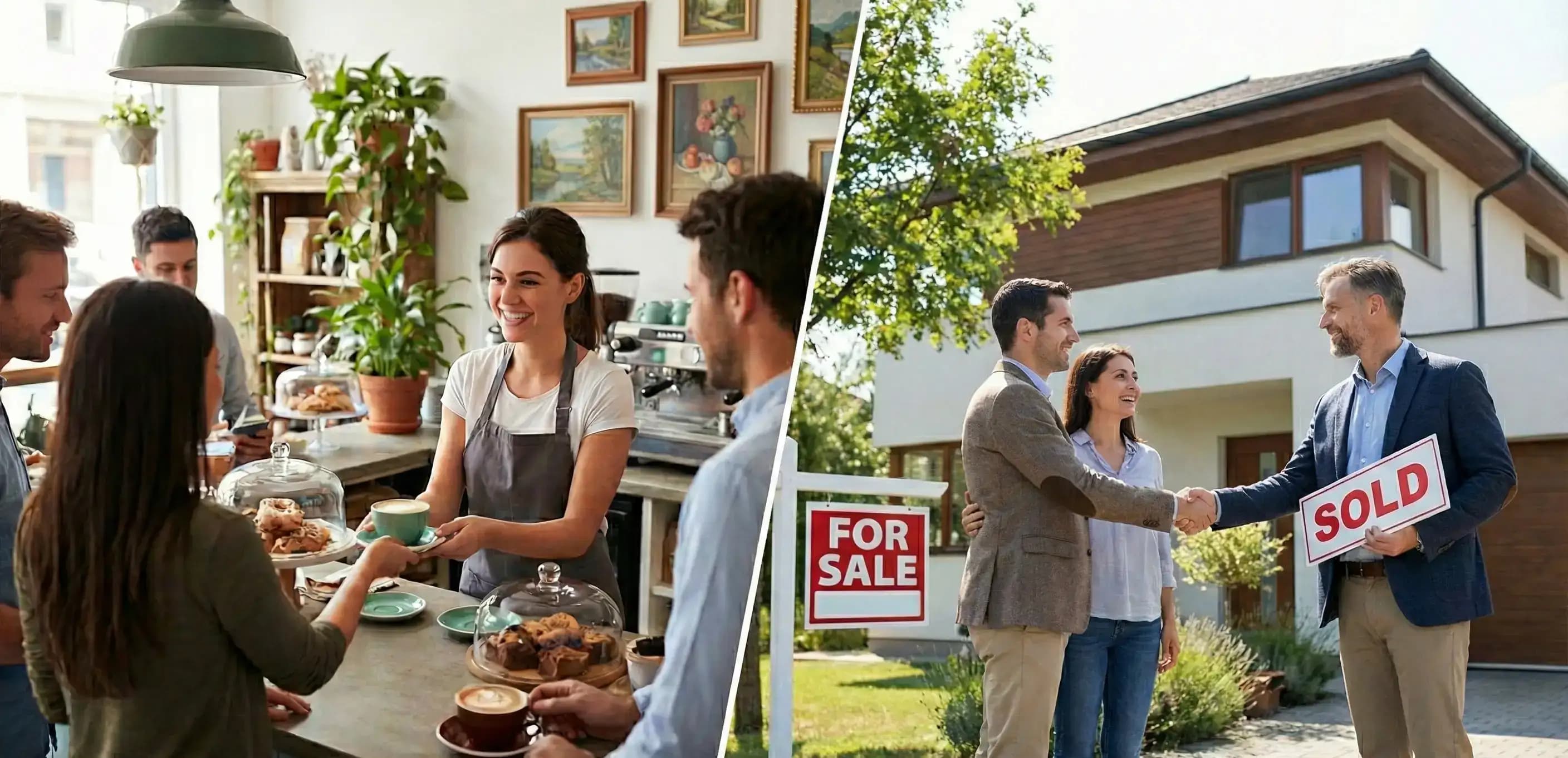 Split image comparing a coffee shop owner and a real estate agent, illustrating the different business types that benefit when evaluating an LLC vs S Corporation tax status.
