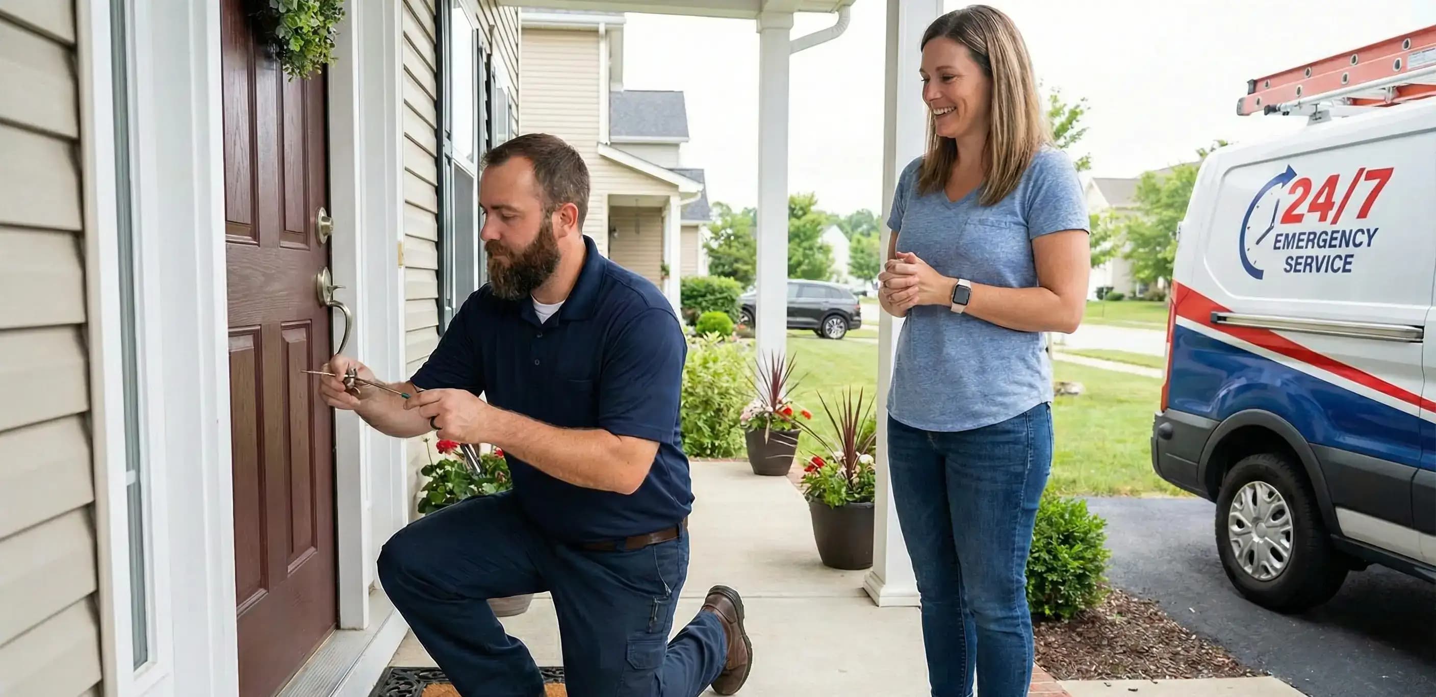 Locksmith unlocking a door for a customer, illustrating a successful service business that could save on taxes by evaluating LLC vs S Corporation status.
