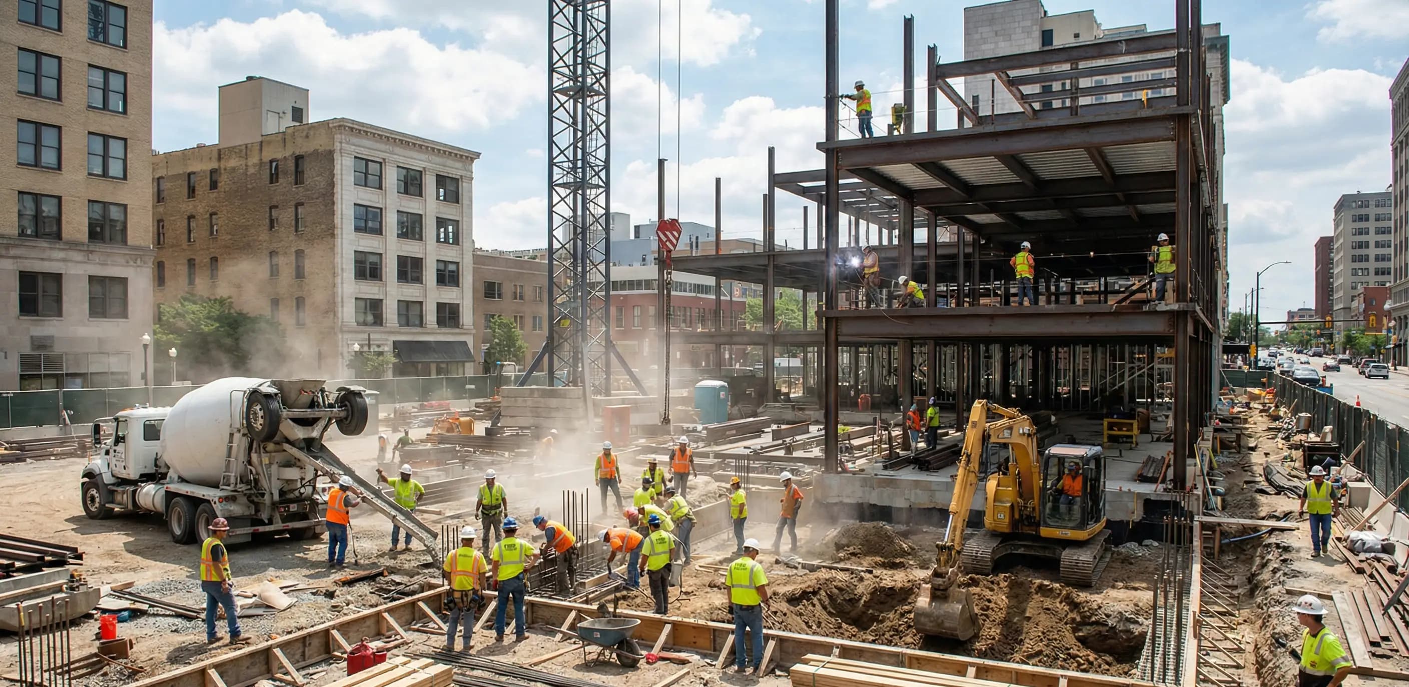 Busy Florida construction site with cranes and crews, illustrating a commercial project maintained by filing the Florida corporation annual report to keep permits active.