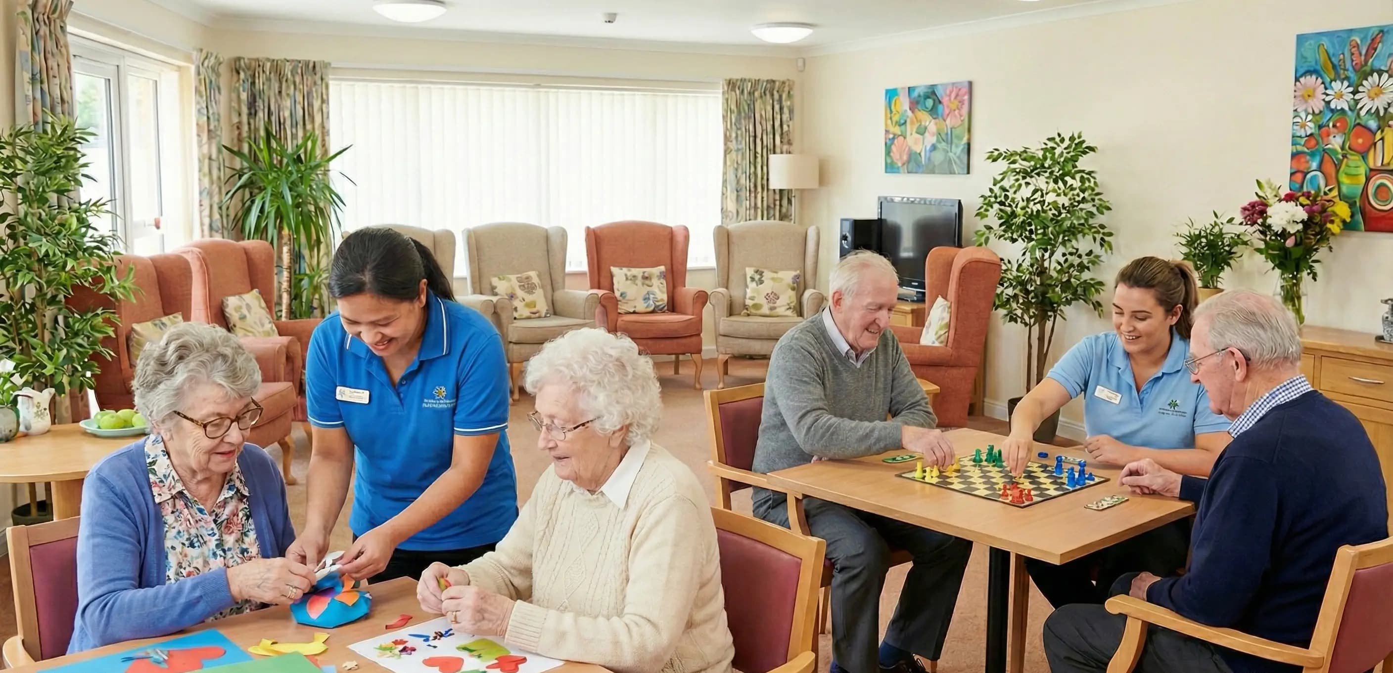 Caregivers attending to elderly residents in a Florida facility, illustrating a healthcare business maintaining compliance via the Florida corporation annual report.