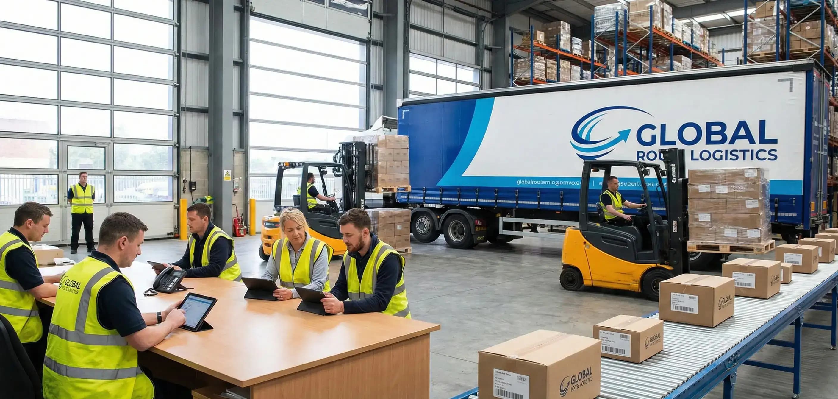 Global Route Logistics warehouse team managing international freight, illustrating the type of import-export business that should form a corporation in Florida for global expansion