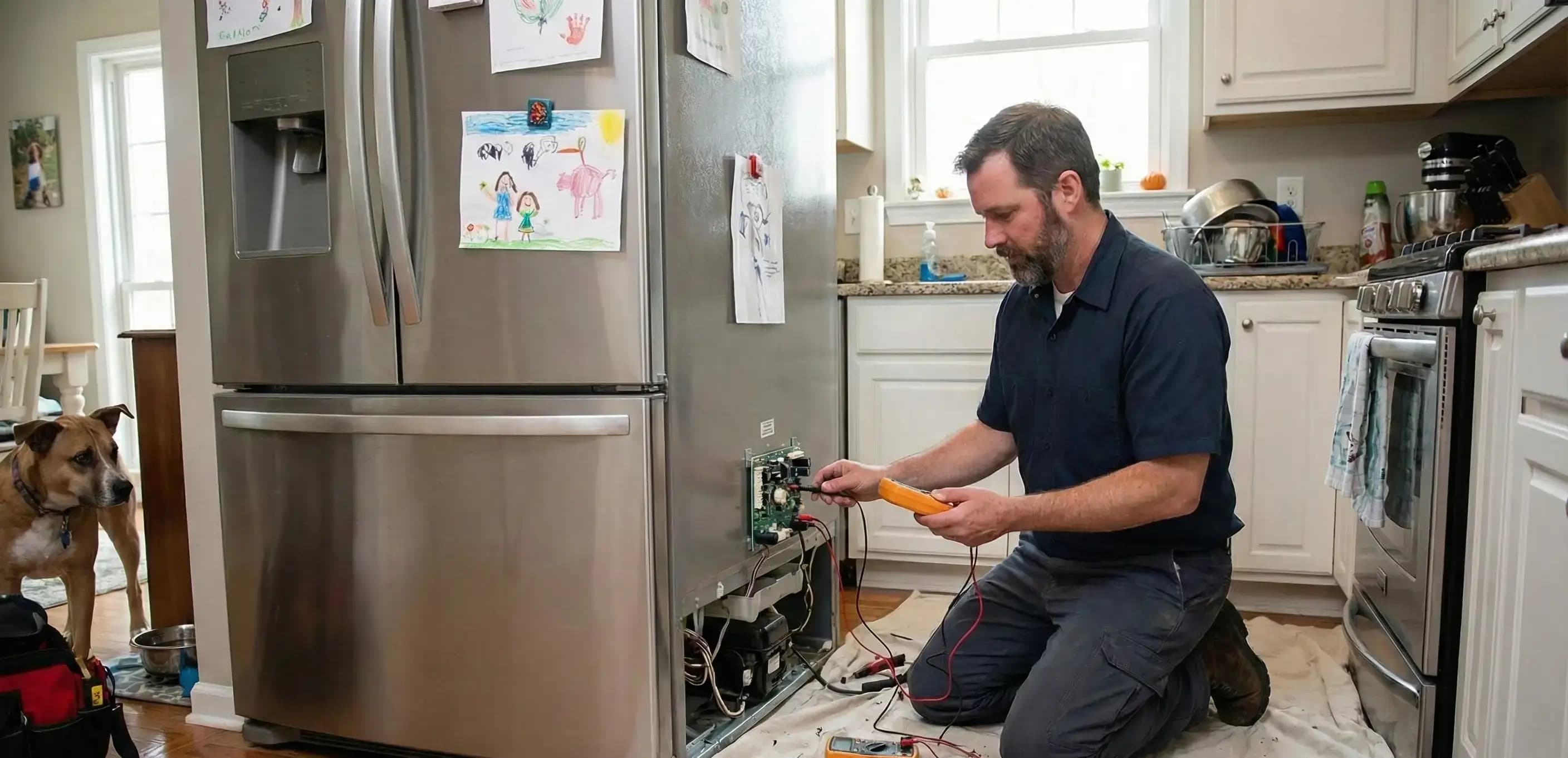 Electronics repairman fixing a customer's refrigerator, illustrating a service professional who maintains active status by filing the Connecticut llc annual report.