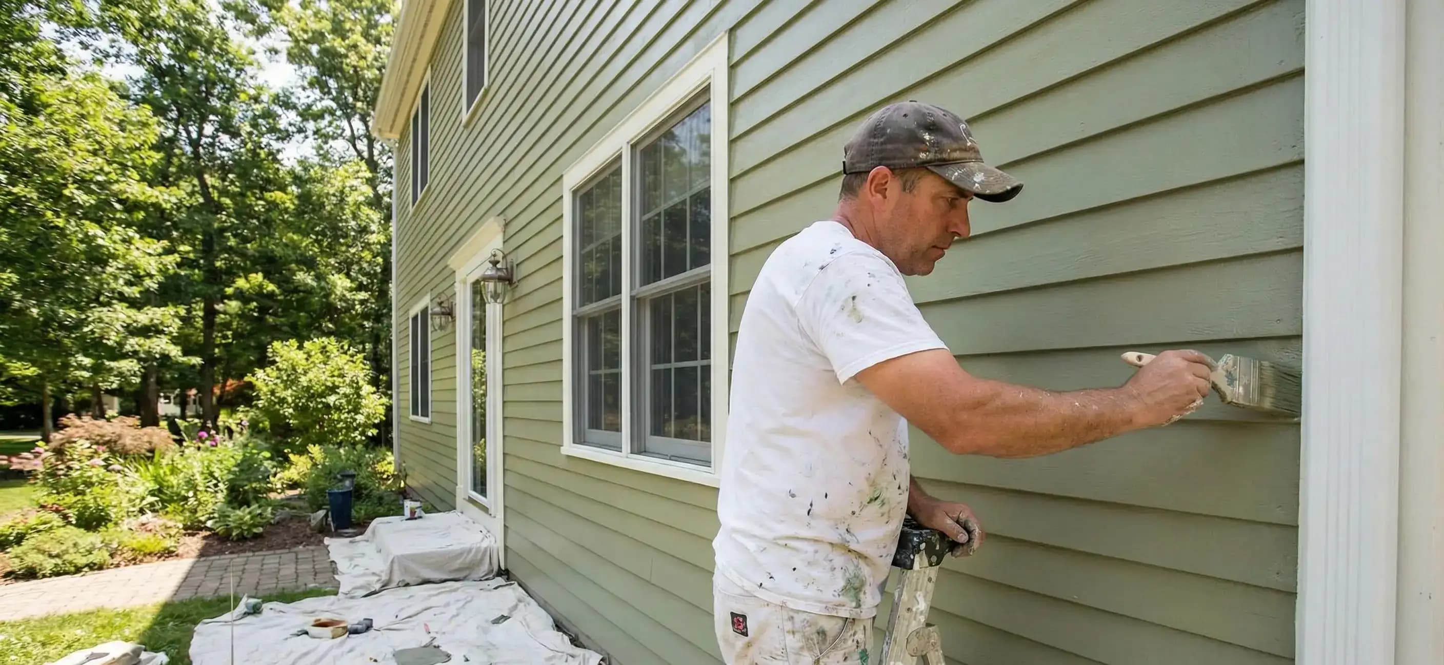 Contractor painting residential siding, representing the ongoing maintenance required for both homes and business compliance via the Connecticut llc annual report.