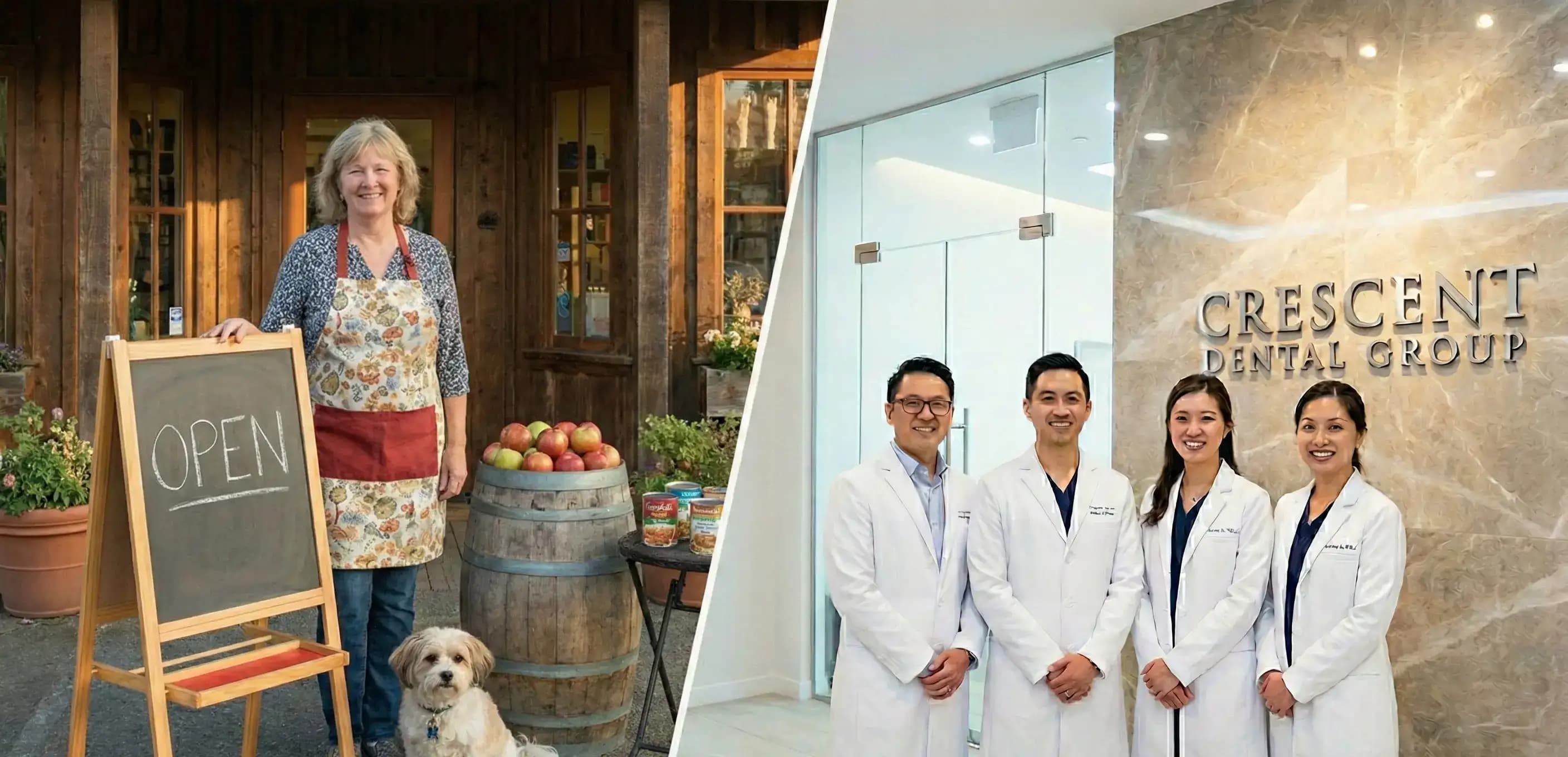 Split image comparing a small shop owner and a dental group, illustrating the different business scales that drive the decision between an llc vs c corporation.