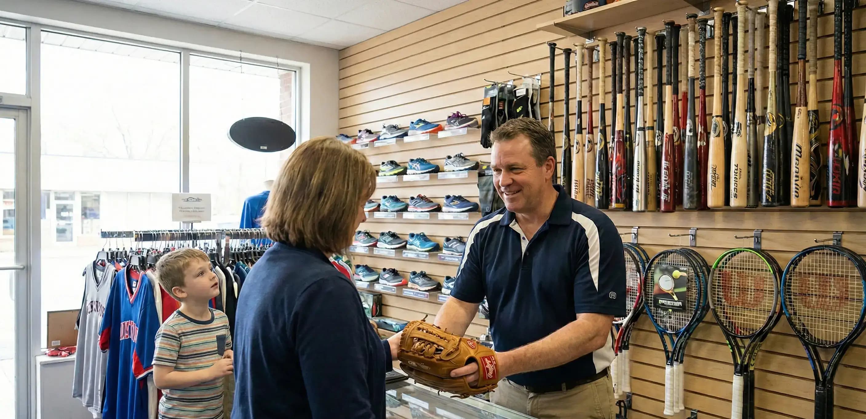 Local sporting goods merchant helping a customer, representing a growing retail shop deciding between an llc vs c corporation structure for expansion.
