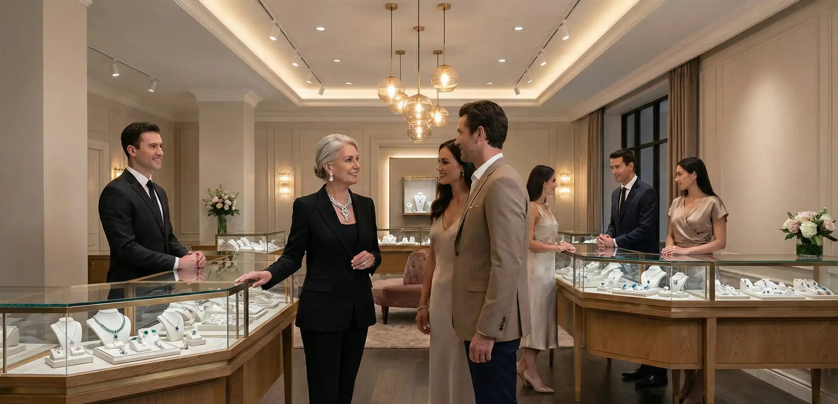 Luxury jewelry boutique team assisting customers, illustrating a scalable brand deciding between llc vs c corporation structures for future investment.