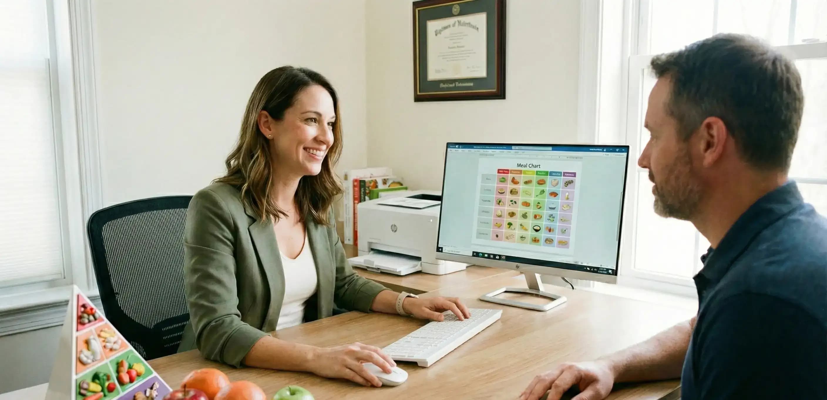 Nutritionist counseling a client on healthy eating, illustrating a service professional who can reduce self-employment taxes by filing IRS Form 2553.
