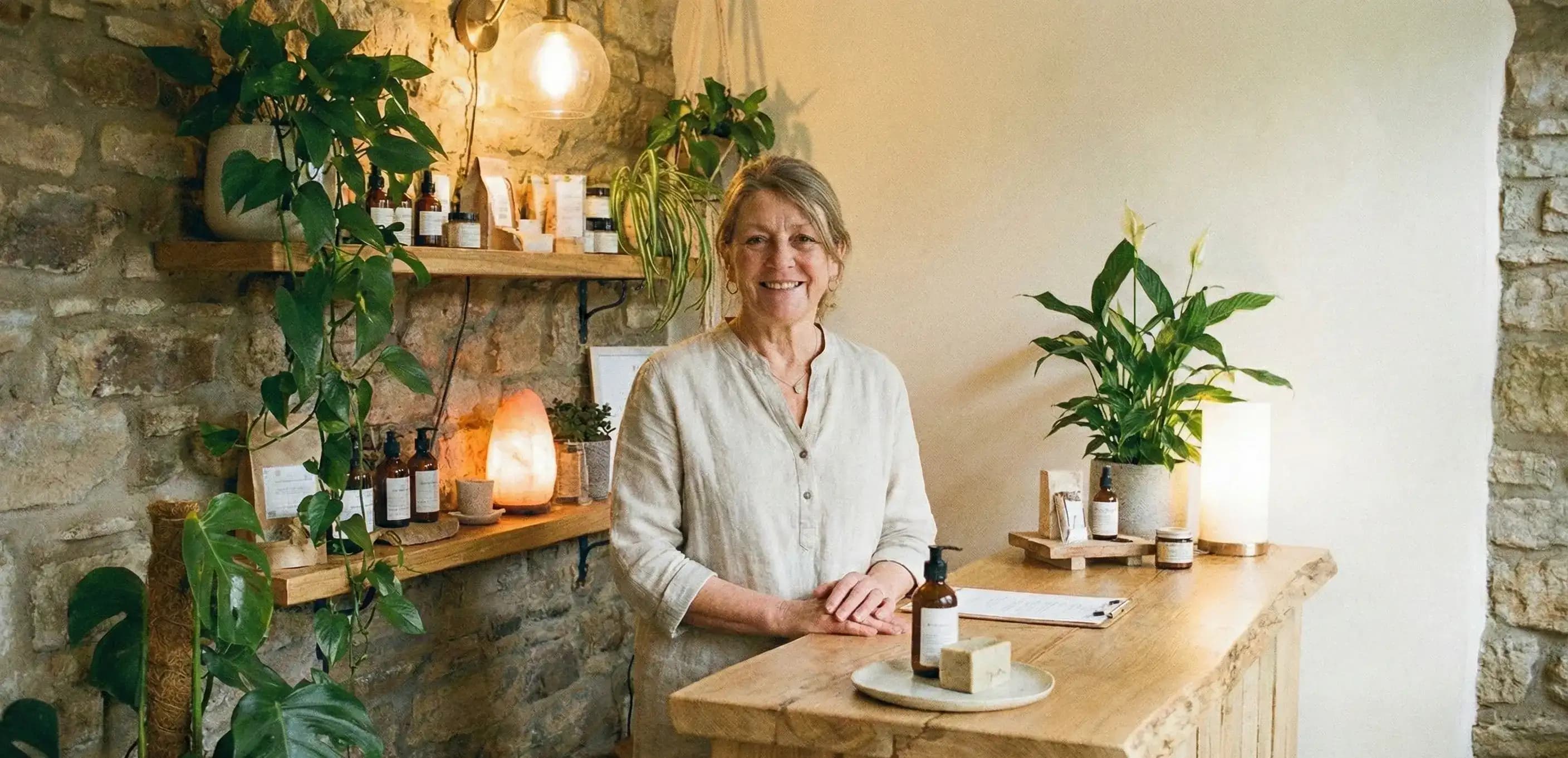 Smiling spa owner at her reception desk, illustrating a wellness business that reduced its tax burden by filing IRS Form 2553 for S-Corporation status.