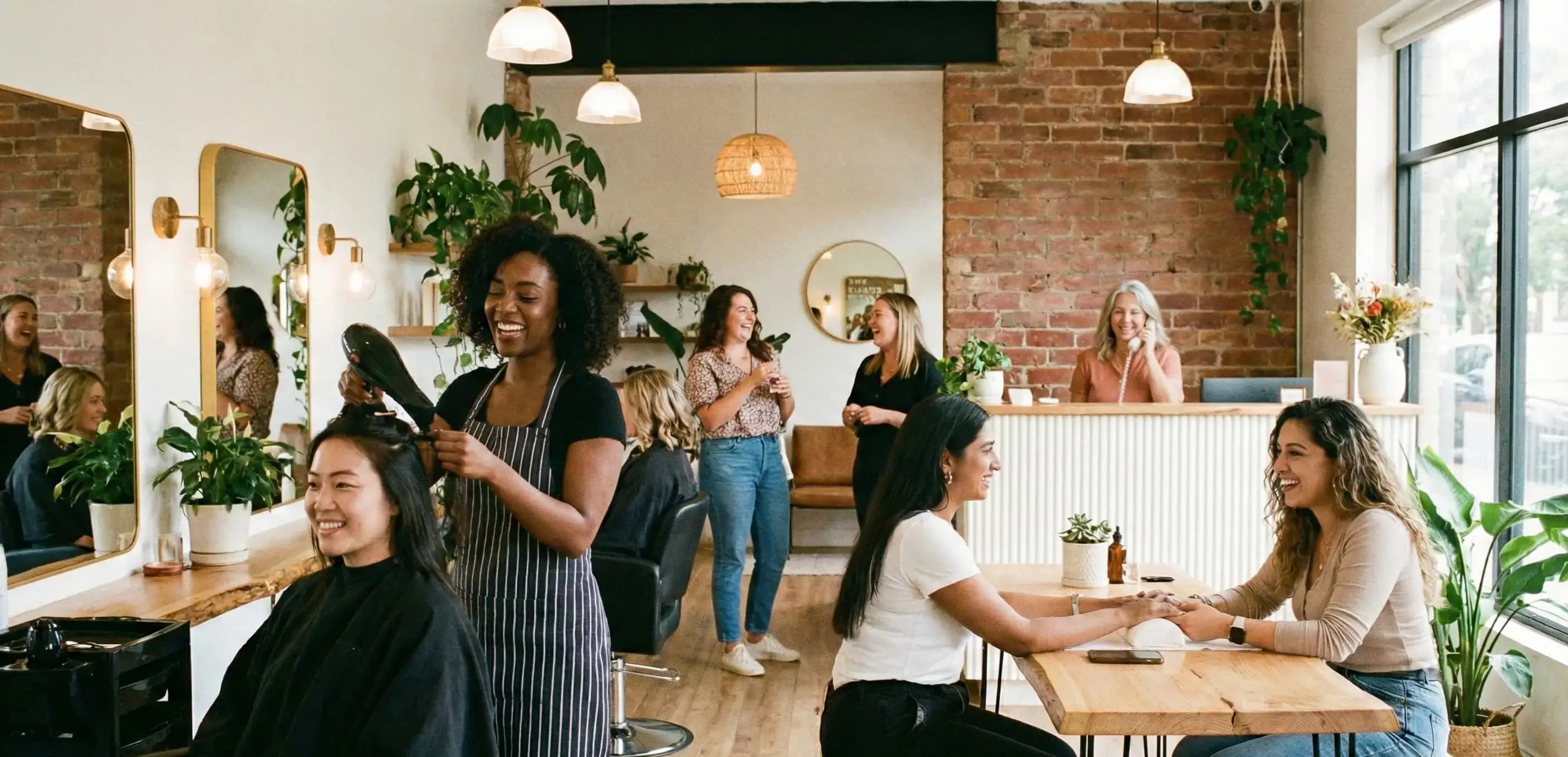 Hair stylists working in a thriving salon, representing a growing business that has moved beyond the decision of llc vs sole proprietorship.