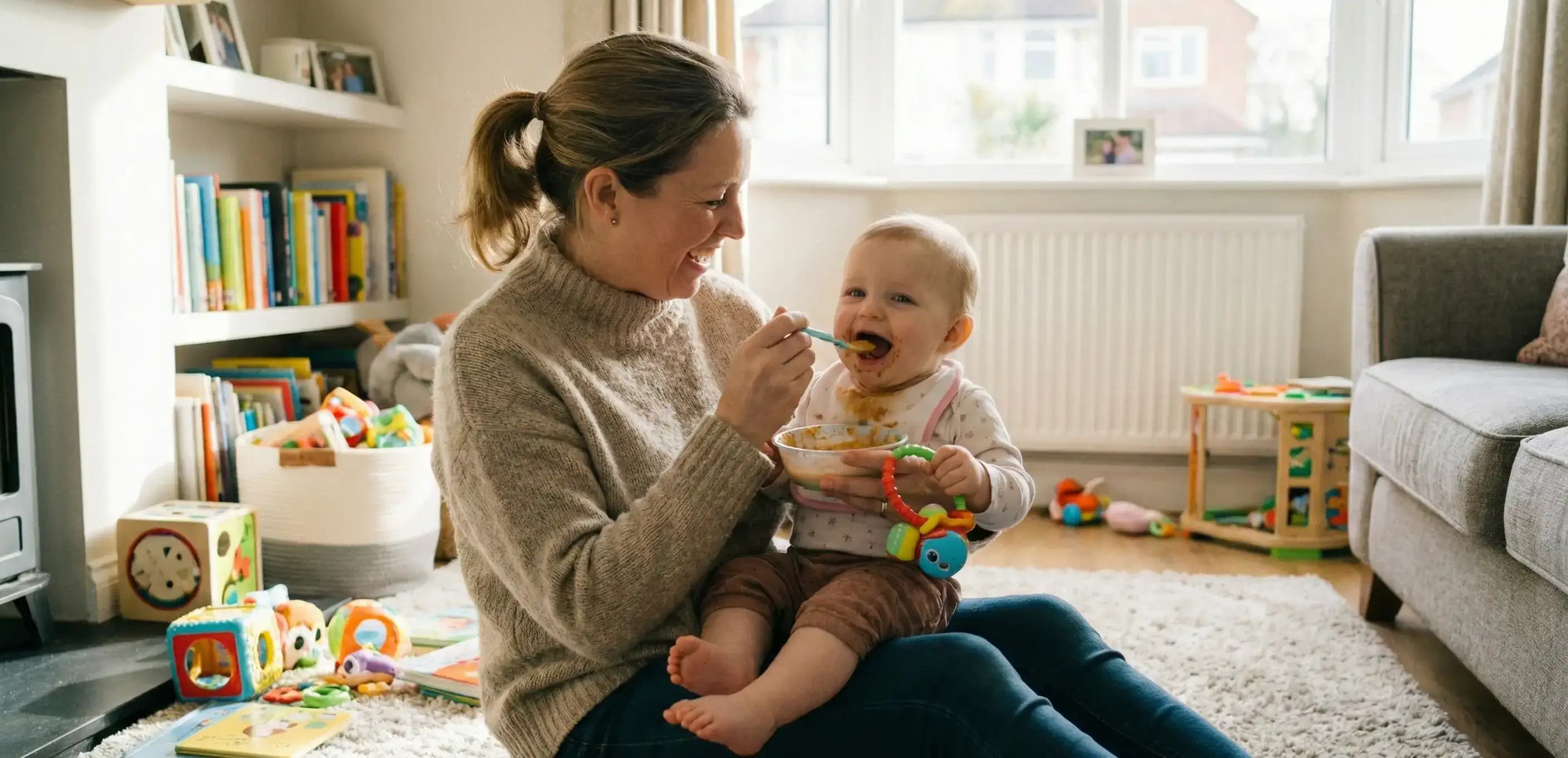 Caregiver feeding a toddler, visualizing a domestic service professional weighing the pros and cons of an llc vs sole proprietorship.