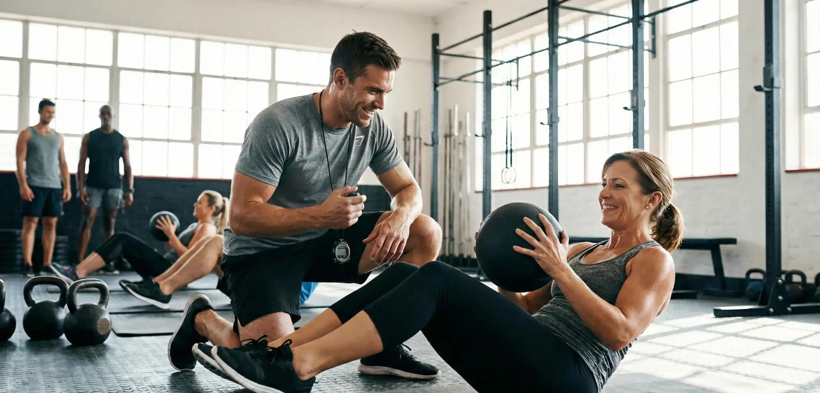 Fitness coach guiding a gym member, representing an independent service business deciding between llc vs sole proprietorship for asset protection.