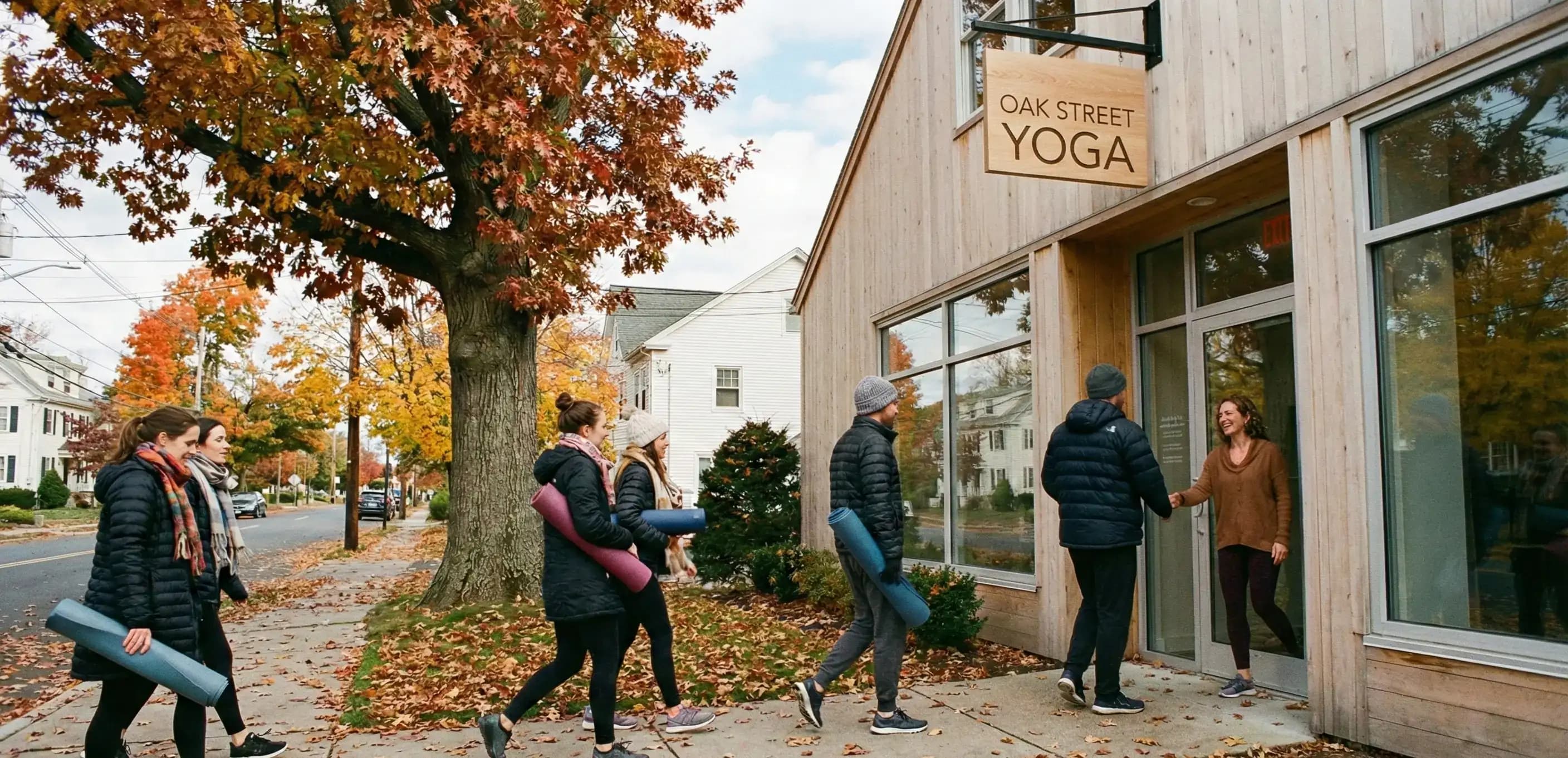 Yoga studio owner welcoming clients in autumn, illustrating a local wellness business maintaining good standing by filing the Connecticut corporation's annual report.