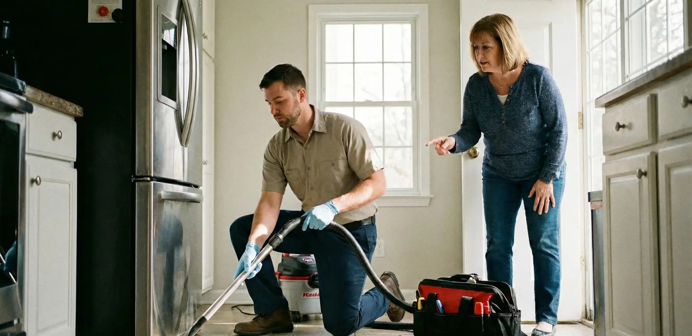 Pest control specialist treating a home kitchen, illustrating a licensed trade business maintaining compliance via the Connecticut corporation's annual report.