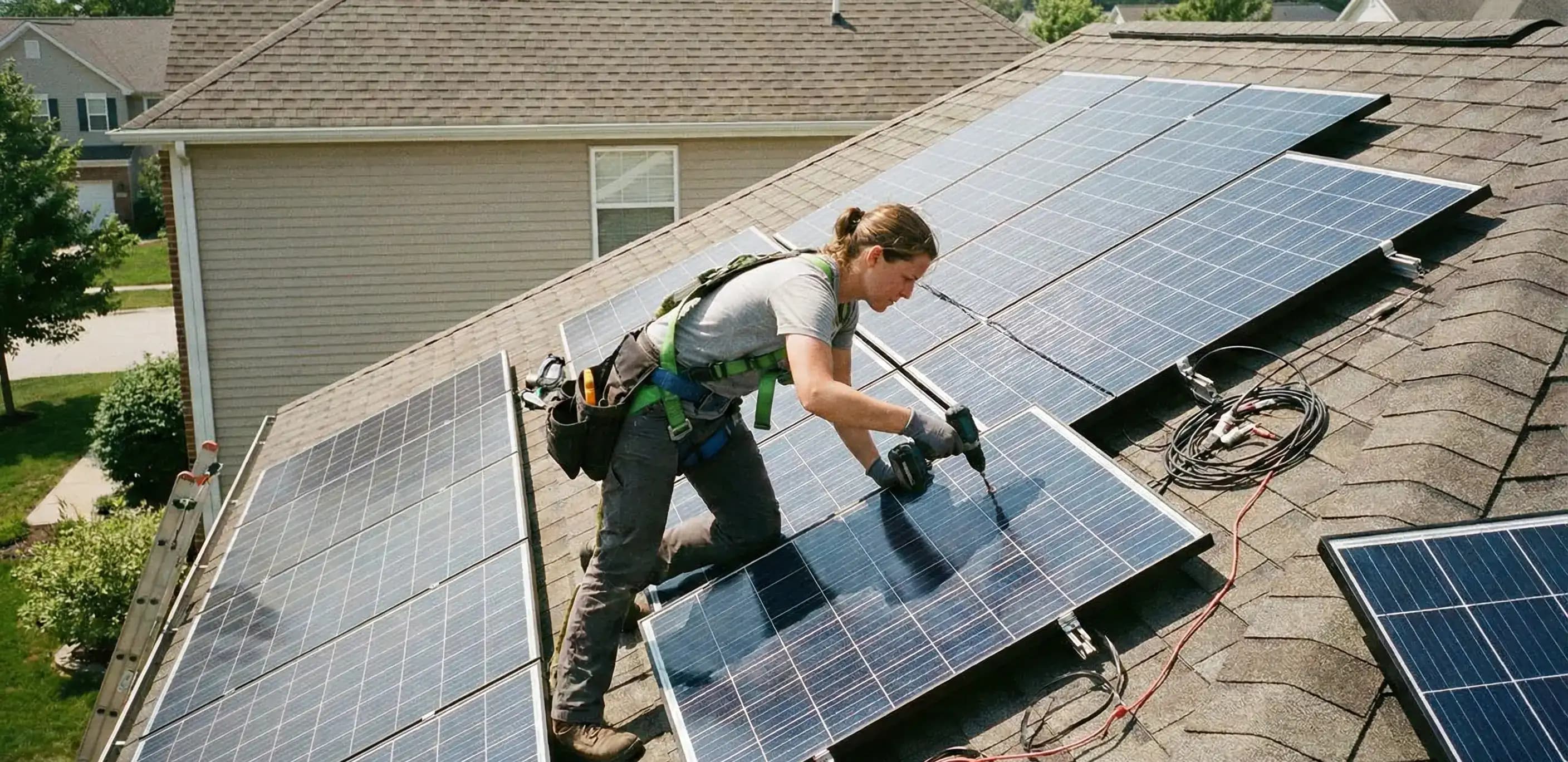 Professional solar installer working on a residential rooftop, representing a green energy business that ensures compliance via the Connecticut corporation's annual report.