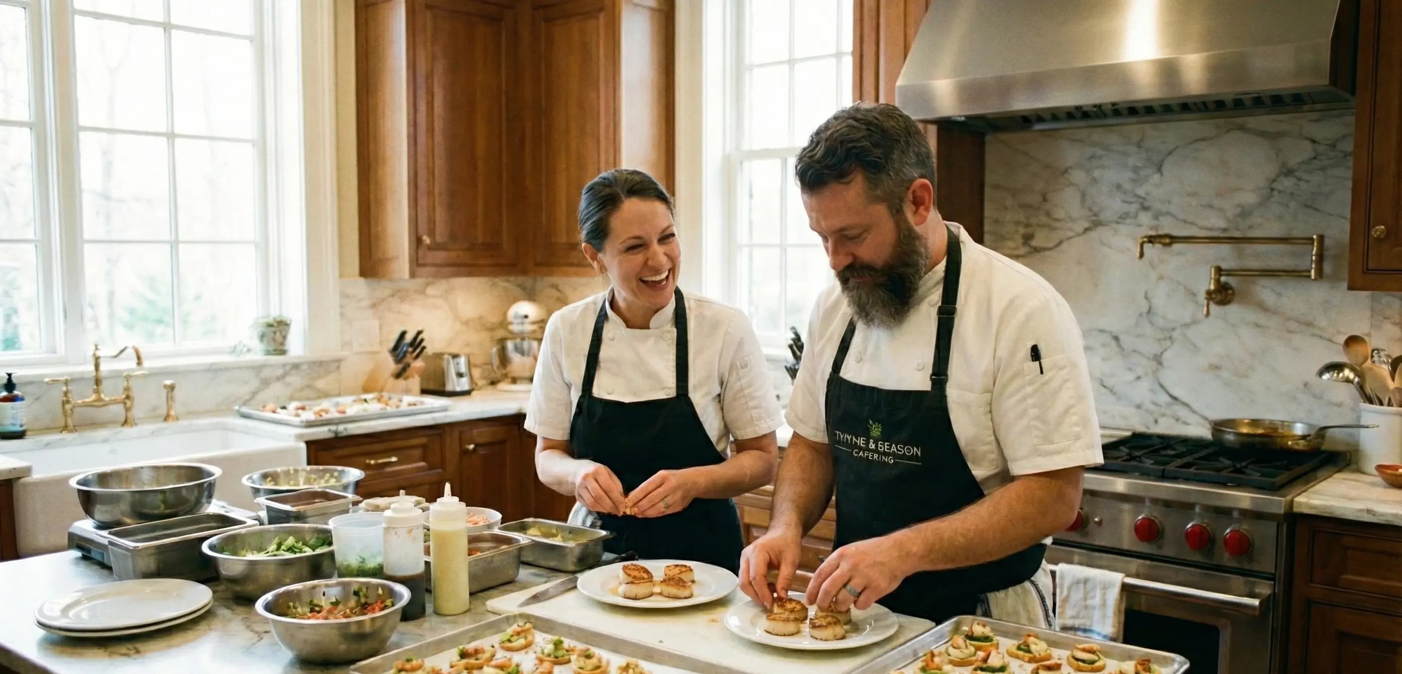 Catering couple plating food for an event, illustrating a culinary partnership weighing the shared liability protections of an lp vs llp structure.