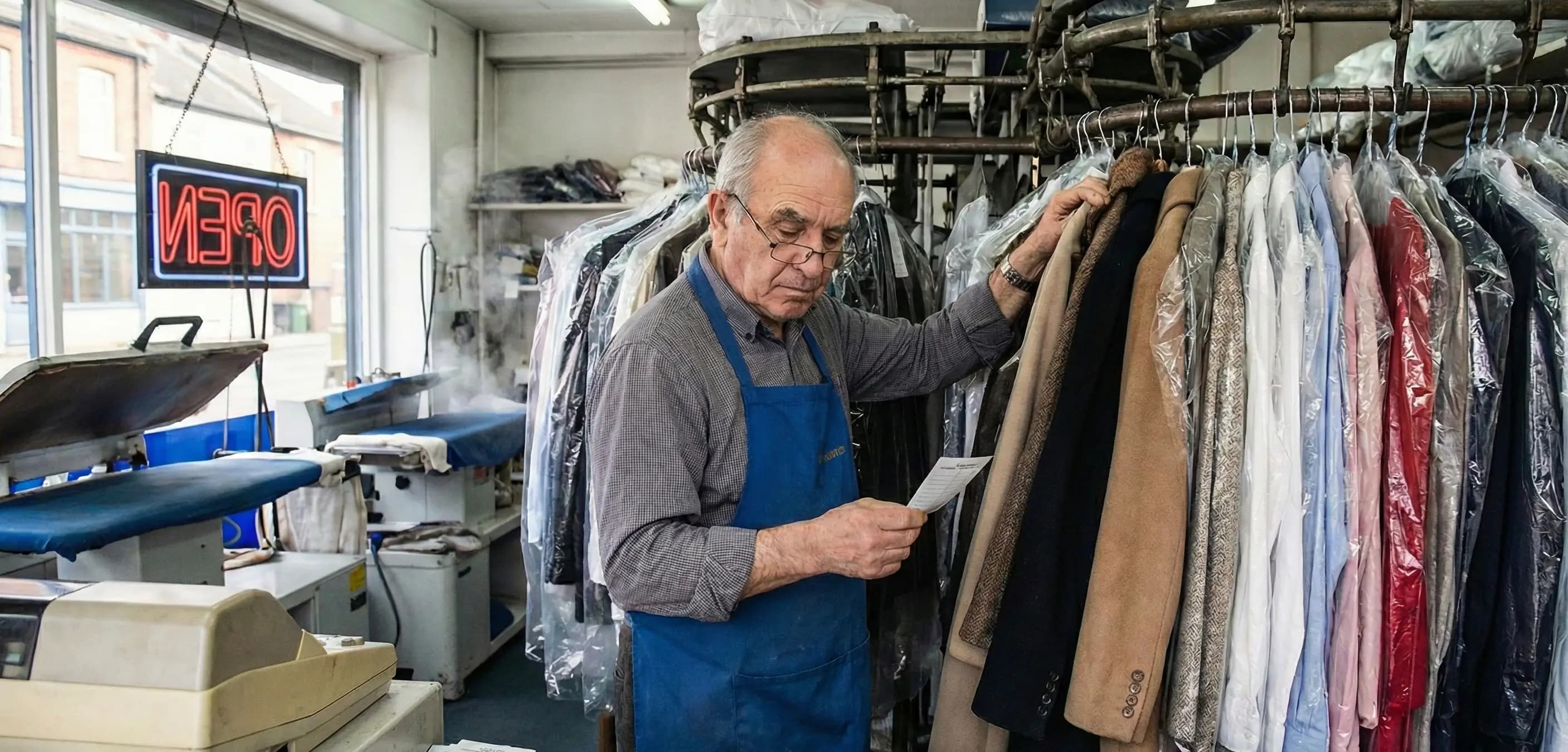 Dry cleaner shop owner checking customer orders, illustrating a small business that uses a trade name, highlighting the distinction between dba vs sole proprietorship.