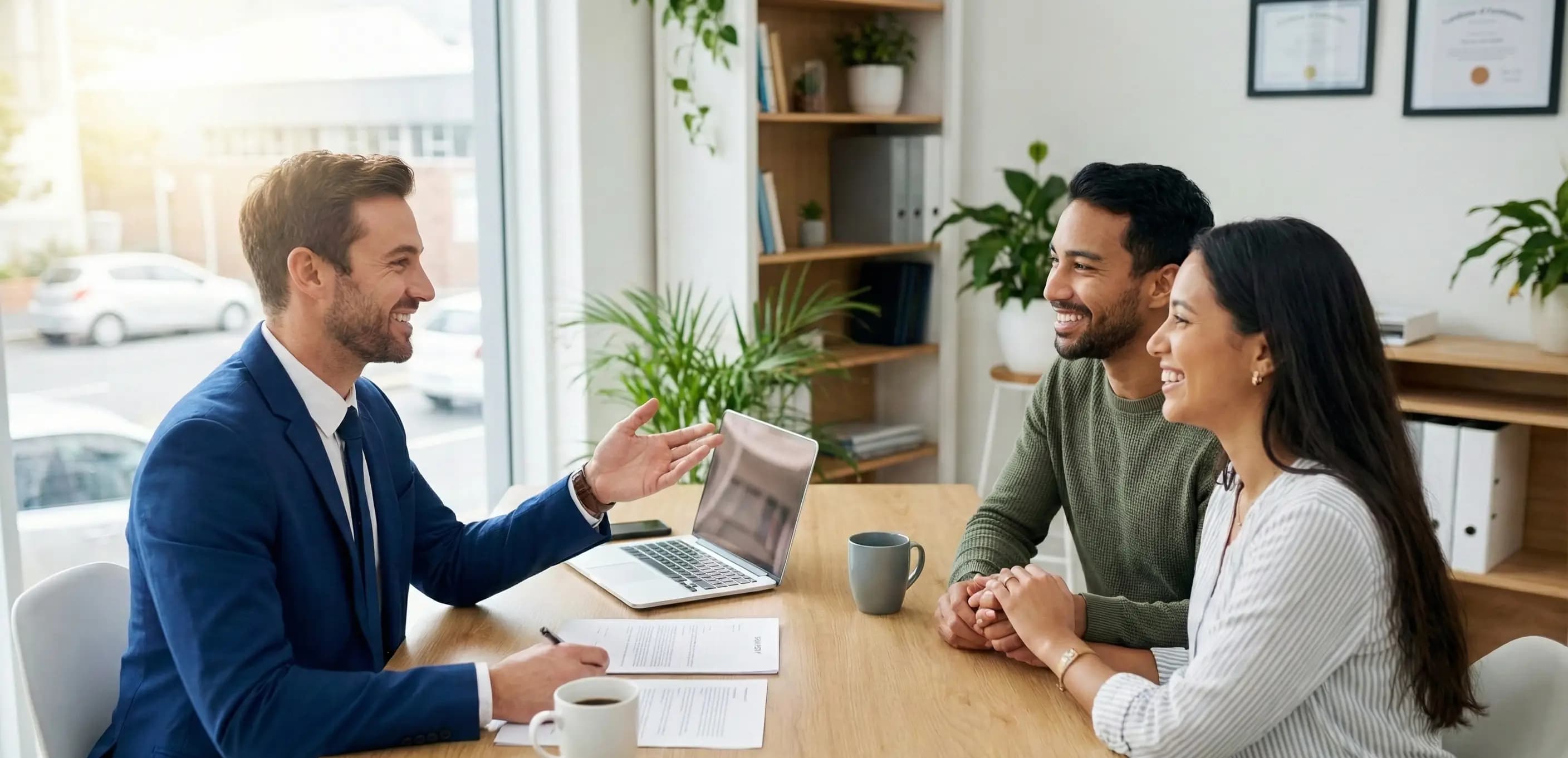 Insurance agent consulting with a newlywed couple, illustrating how independent professionals use a trade name when weighing dba vs sole proprietorship.