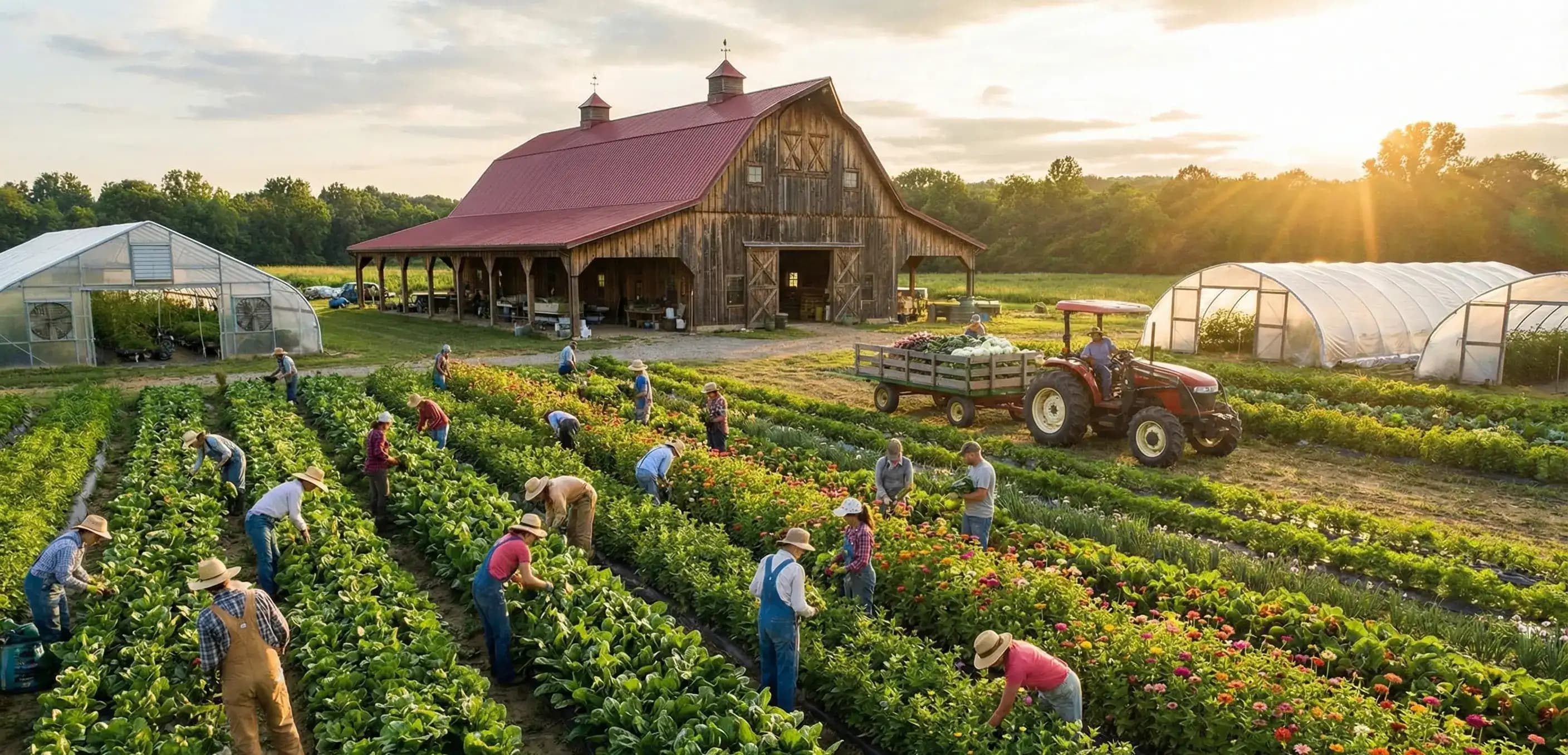 Large scale organic farm with employees, illustrating a growing agricultural business weighing the tax implications of a C Corporation vs S Corporation.