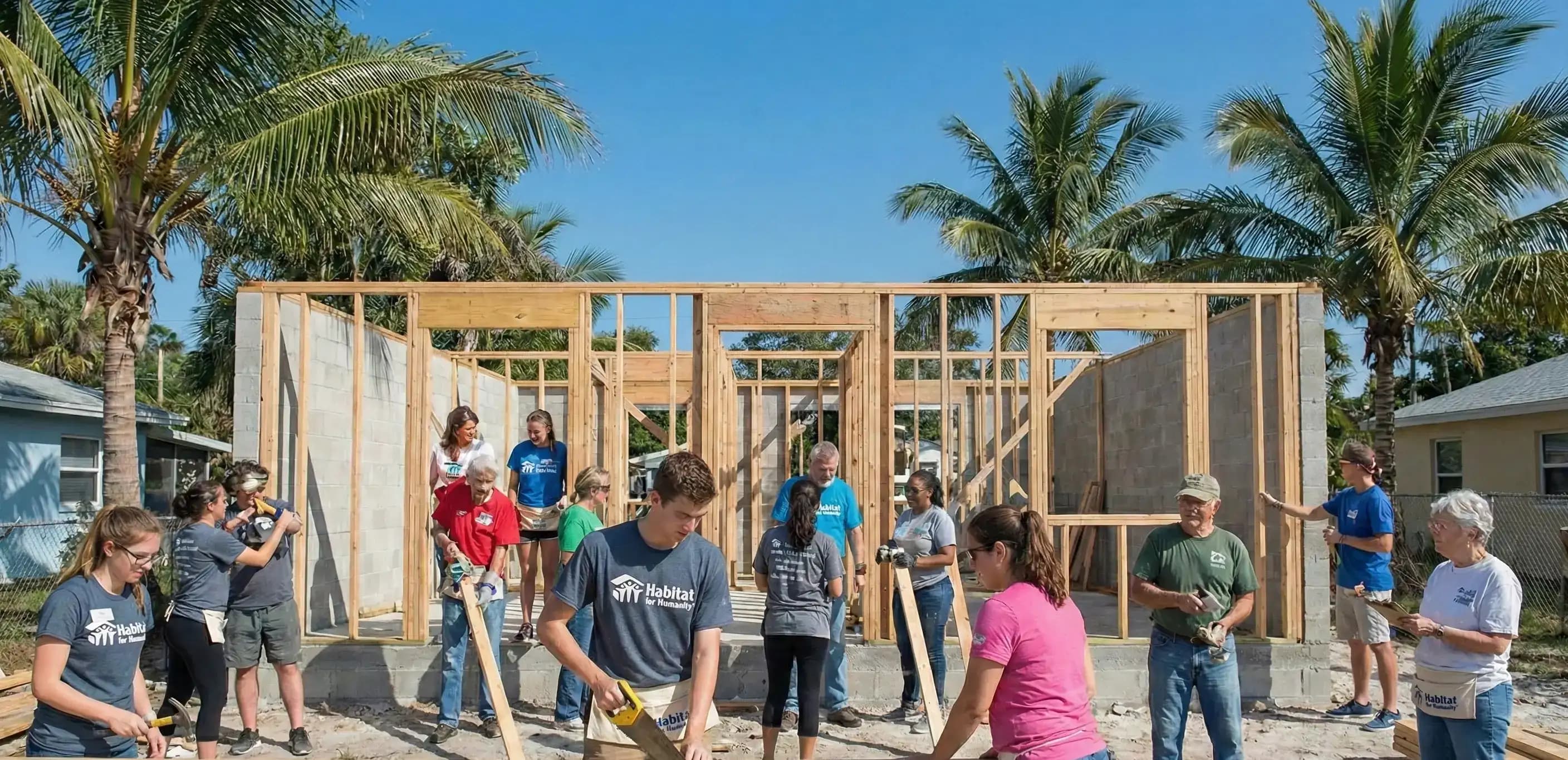 Volunteers constructing an affordable home, illustrating the community development projects possible when you start a nonprofit organization in Florida.