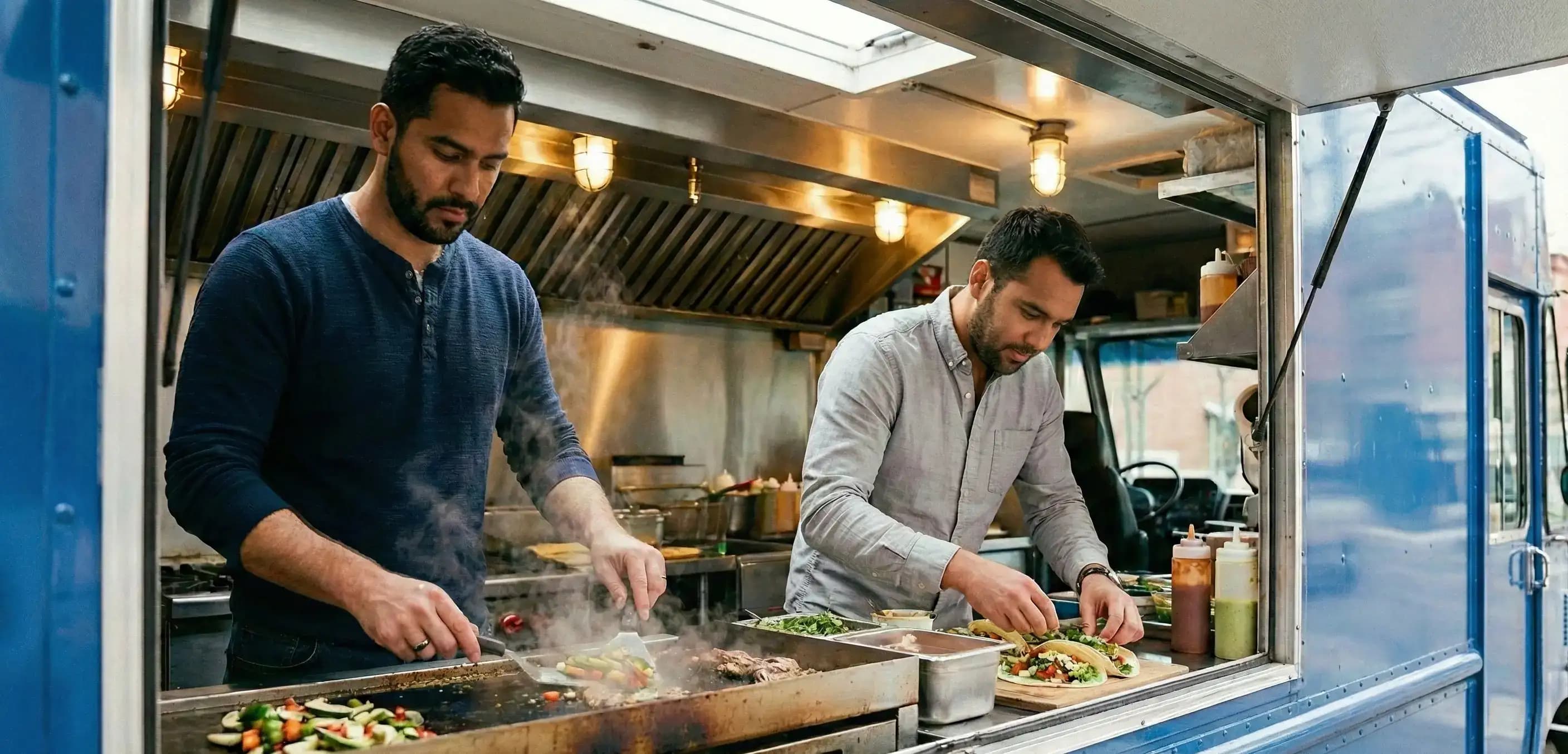 Two business partners cooking in their food truck after completing their Florida partnership registration.