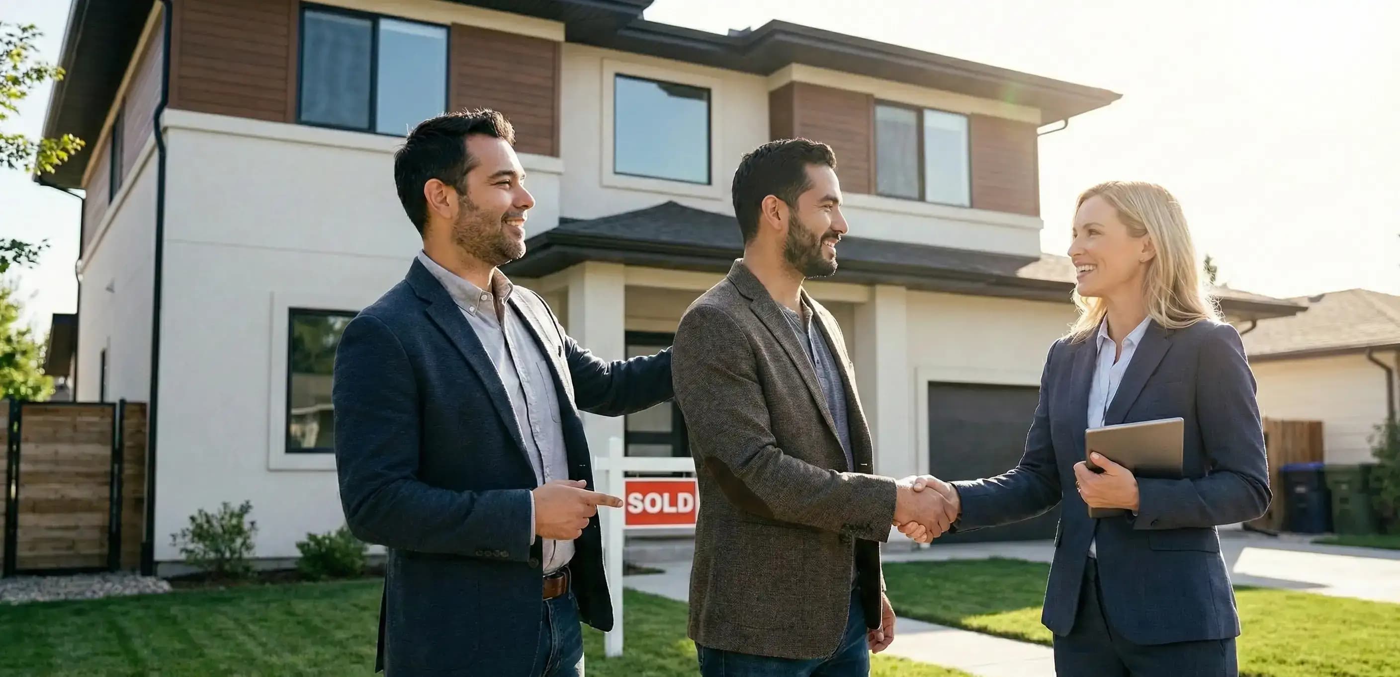 Two real estate partners congratulating a client outside a sold home, a common business model for Florida partnership registration.